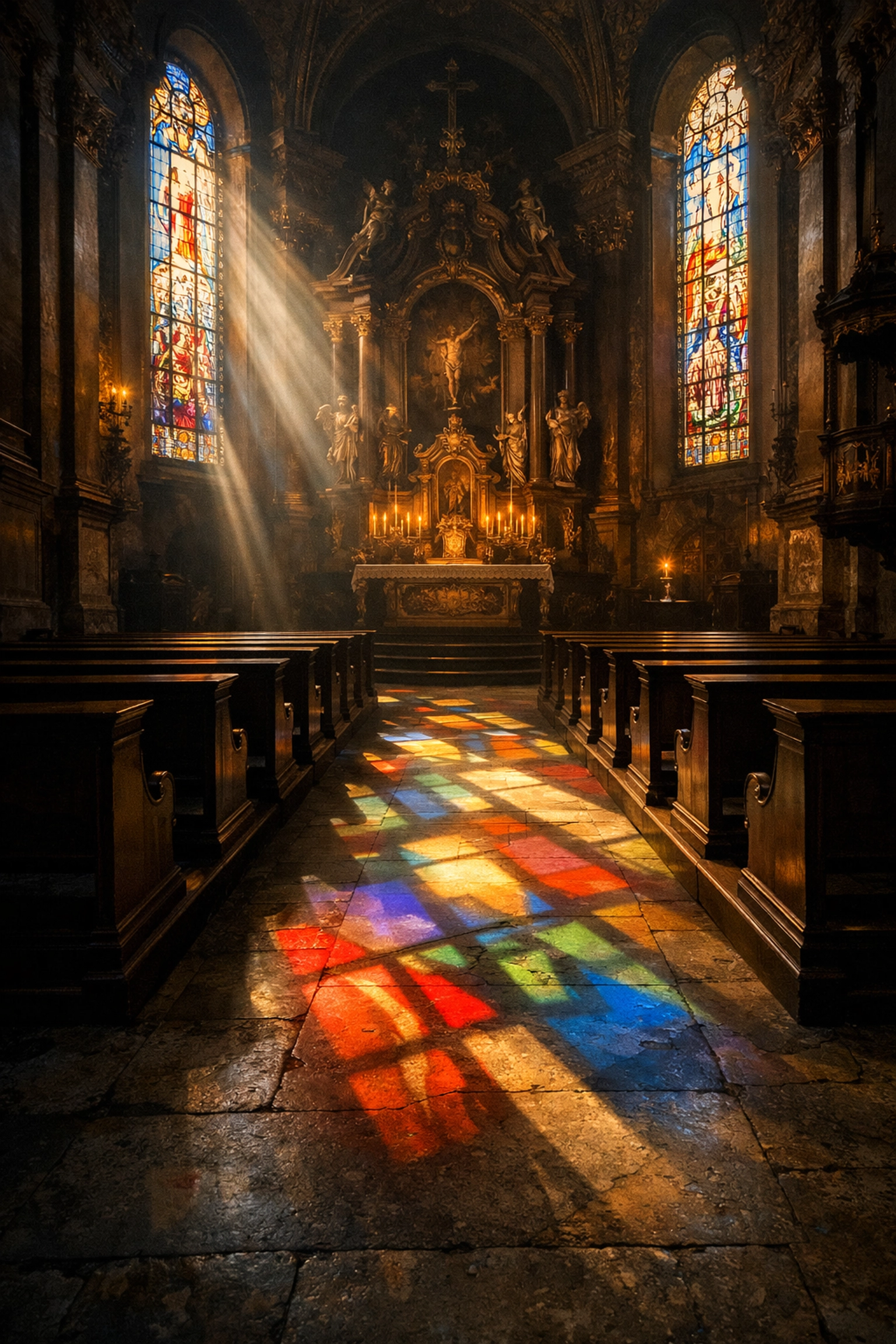 Empty baroque church interior in Rome with light streaming through stained glass windows