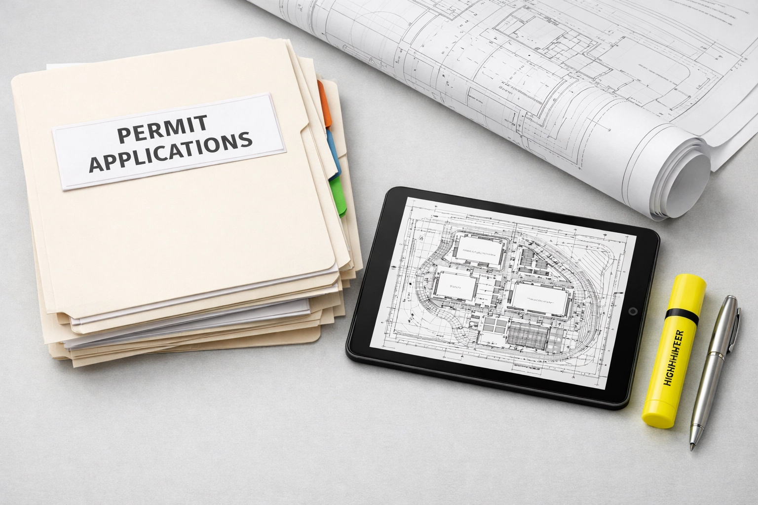 Organized Florida construction permit application folders and architectural blueprints on a professional desk.