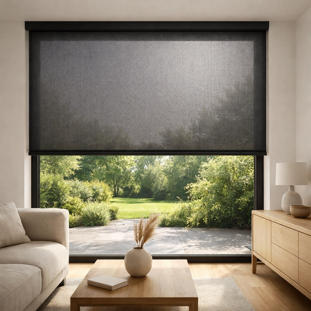 Blick durch einen lichtdurchlässigen Zip Screen im Wohnzimmer für Sichtschutz und blendfreien Wohnkomfort.