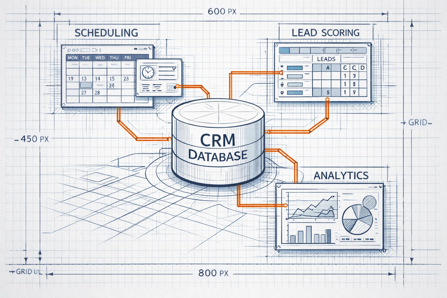CRM automation dashboard with interconnected modules for scheduling, analytics, and lead management