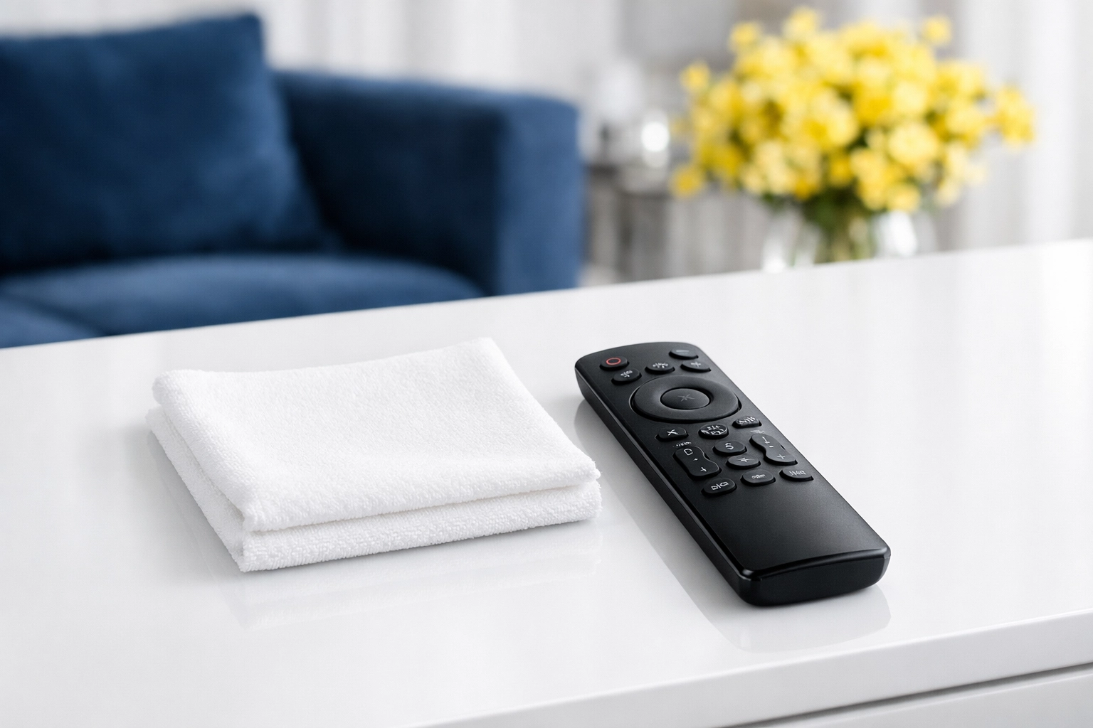 A clean TV remote next to a microfiber cloth, part of a professional bi weekly house cleaning routine.