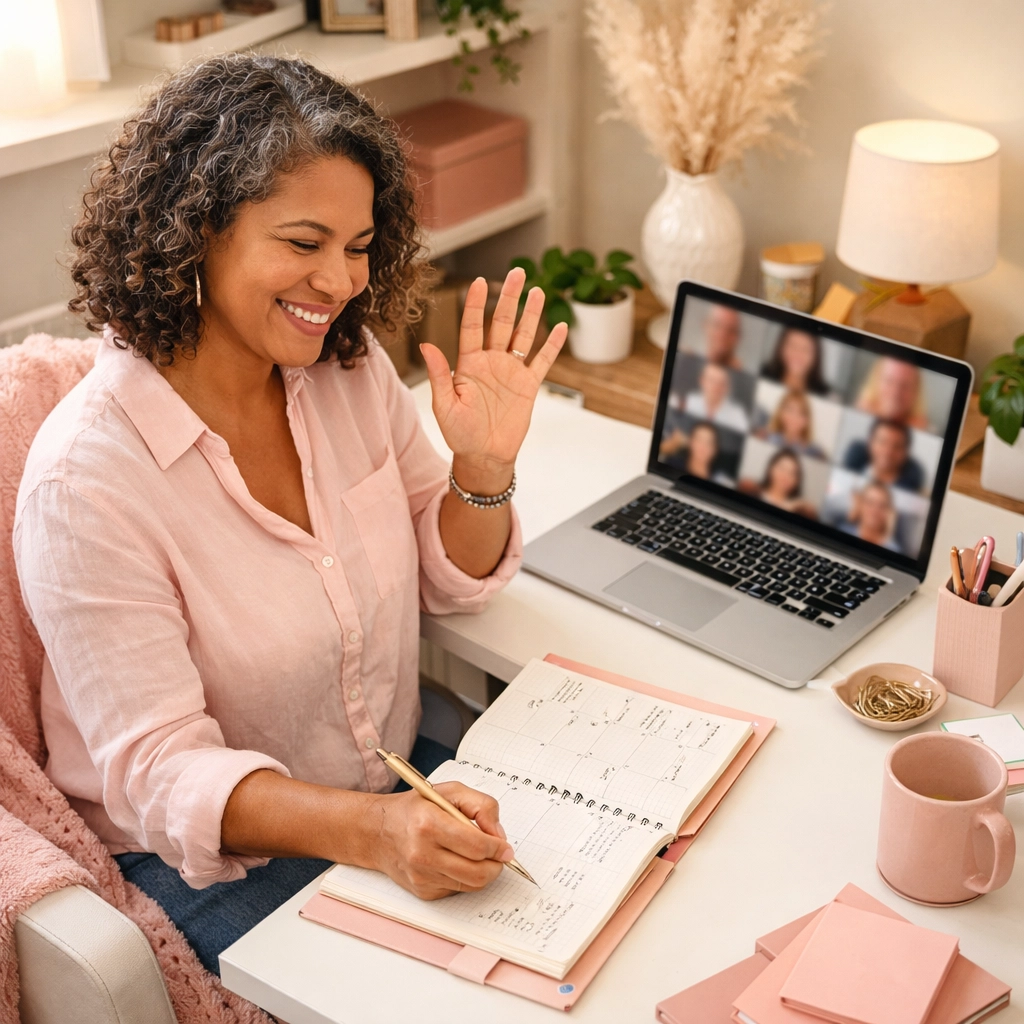 A confident community leader managing a Facebook group schedule to grow authority through engagement.