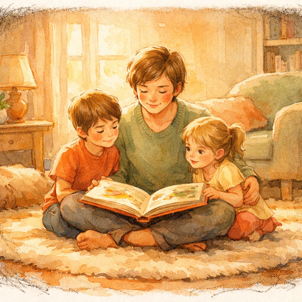 Parent reading Bible stories to children teaching Assemblies of God doctrine at home