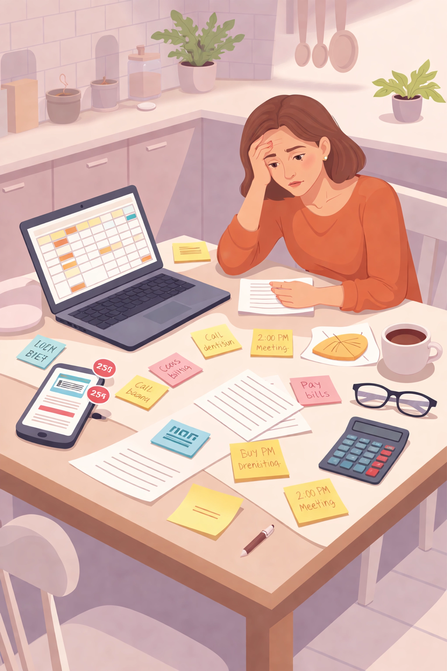 Overwhelmed woman surrounded by paperwork, group texts, and spreadsheets while managing elder care tasks