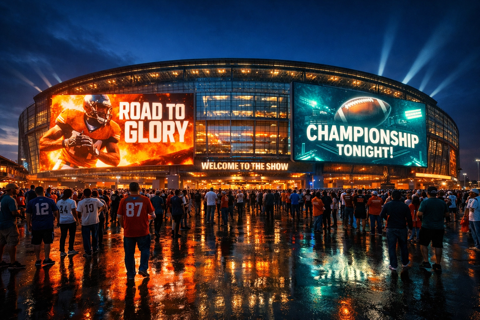 Fans gathered outside Levi's Stadium at twilight for Super Bowl LX under glowing digital marketing billboards.