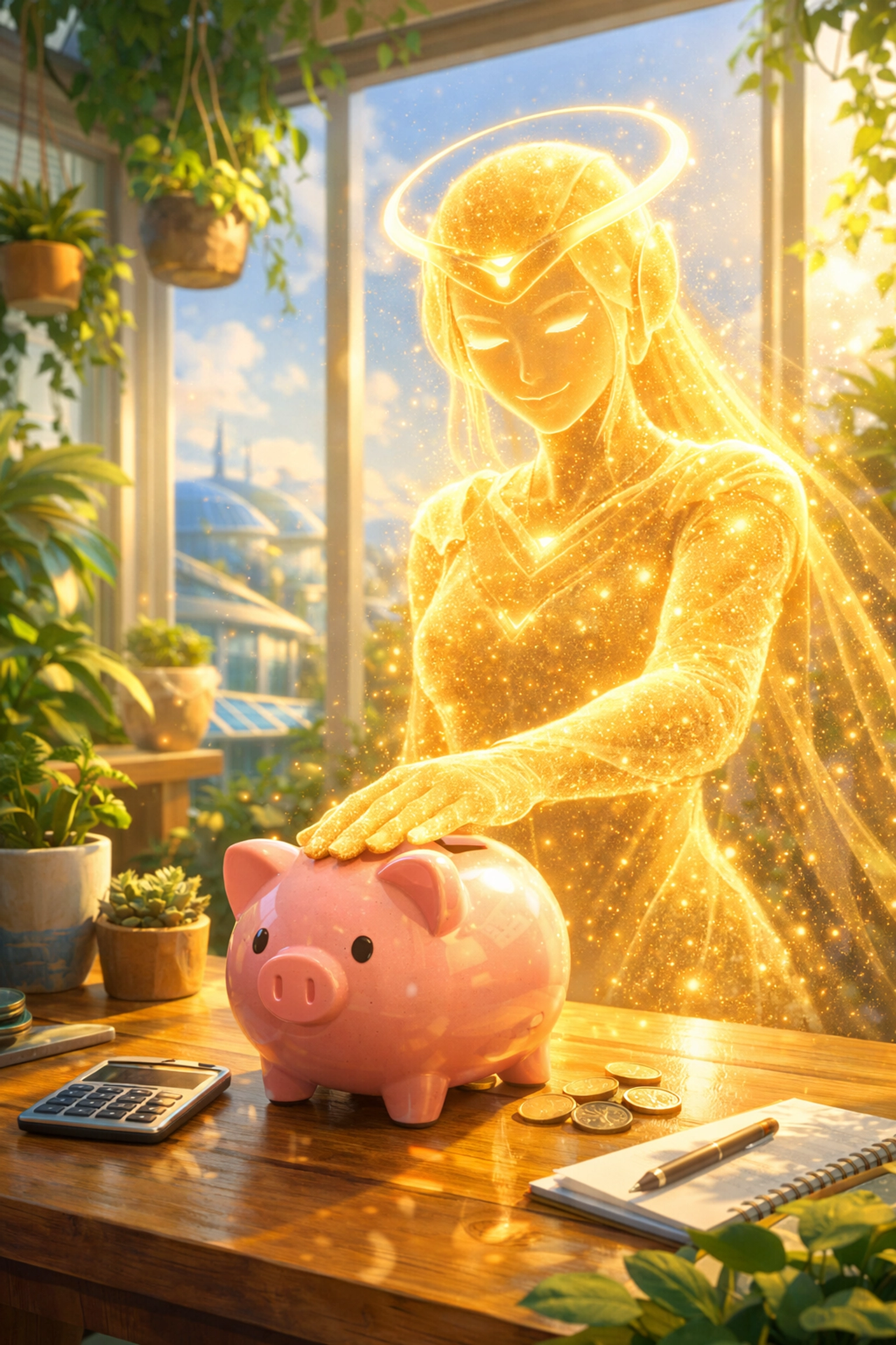 A glowing AI figure protecting a ceramic piggy bank to symbolize digital wealth security.