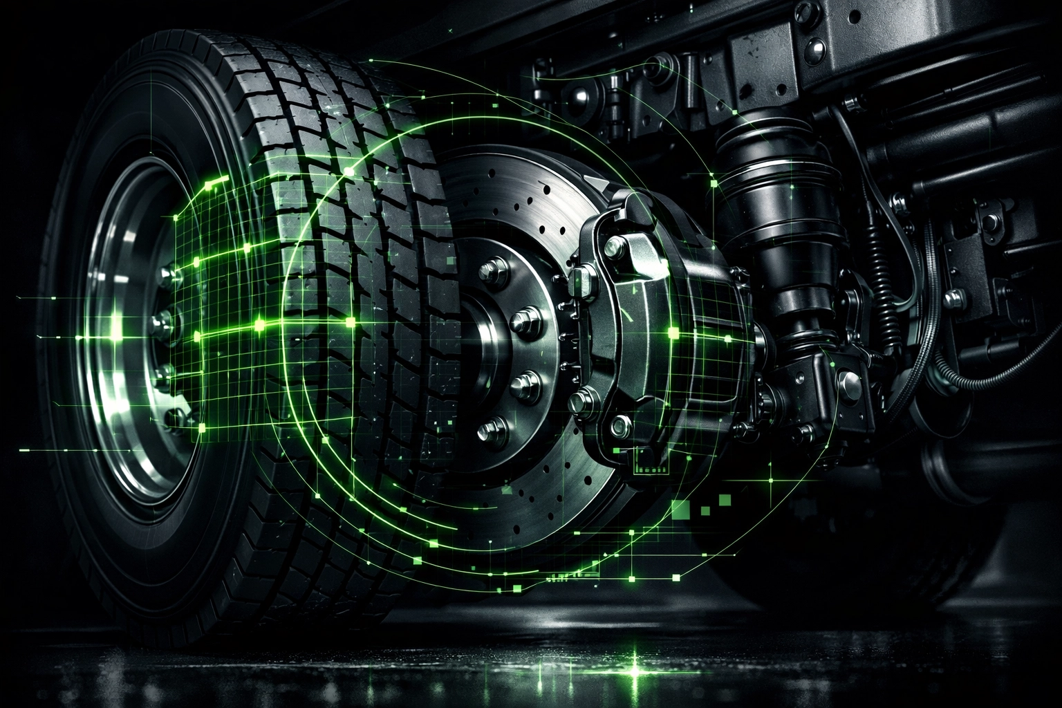 High-tech diagnostic scan of a used semi truck wheel and brake assembly for inspection.
