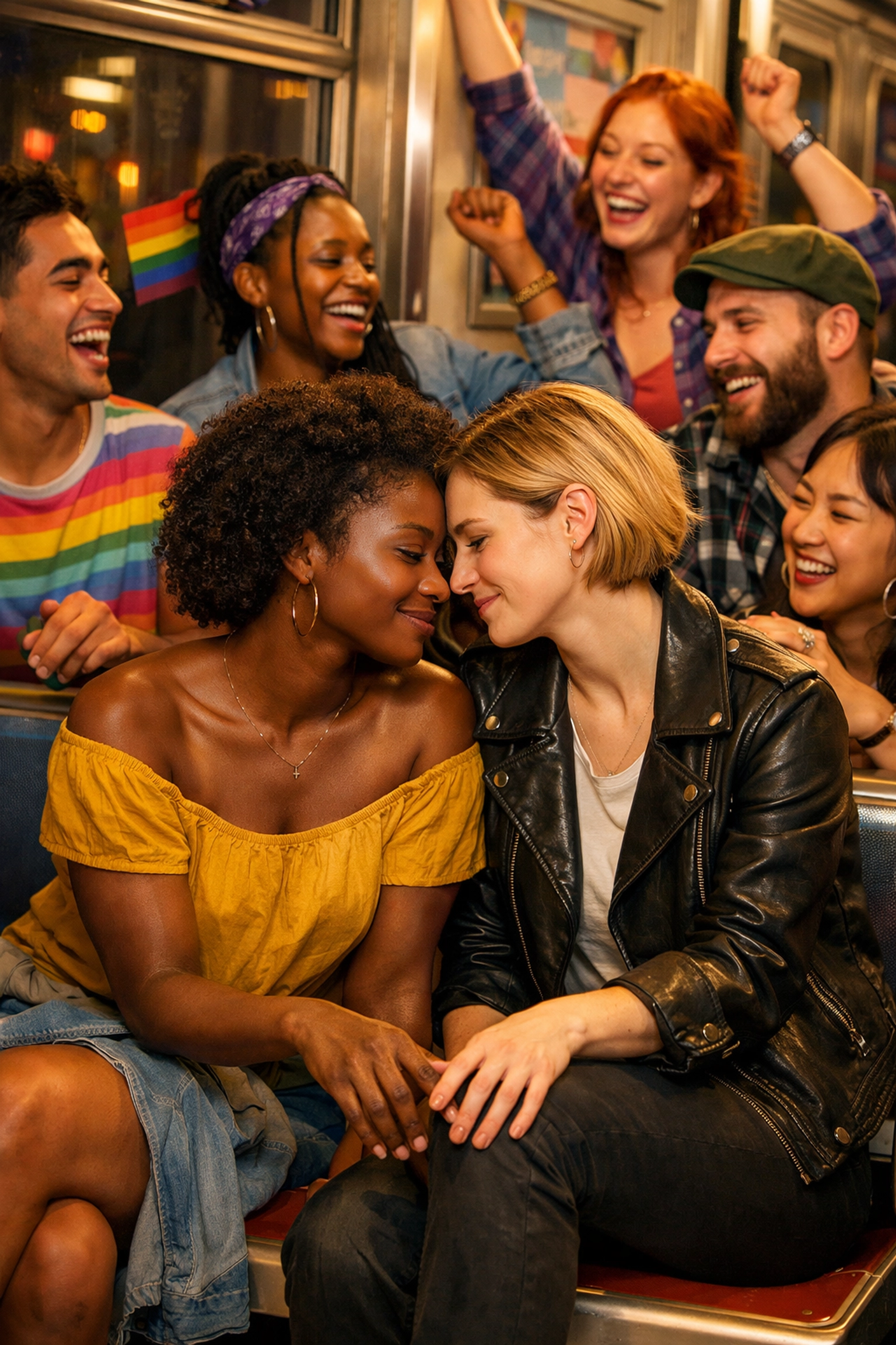 Sapphic couple with diverse found family in One Last Stop LGBTQ+ romance