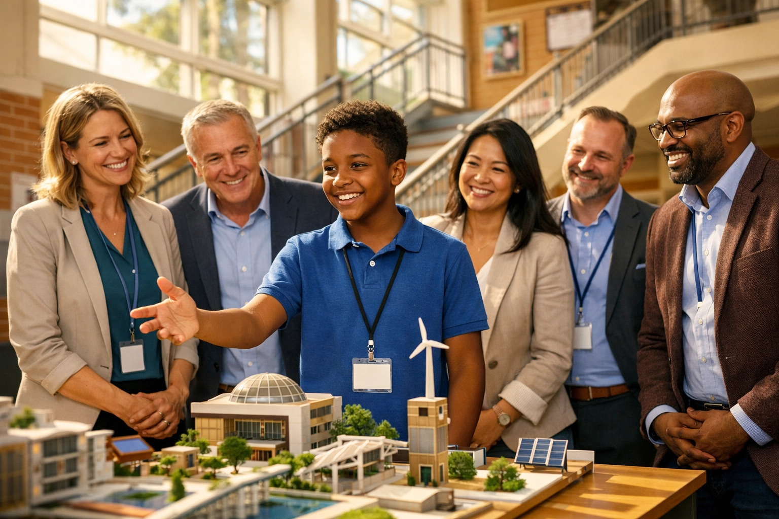 Middle school student presenting a technical STEM project to corporate professionals for workforce development.