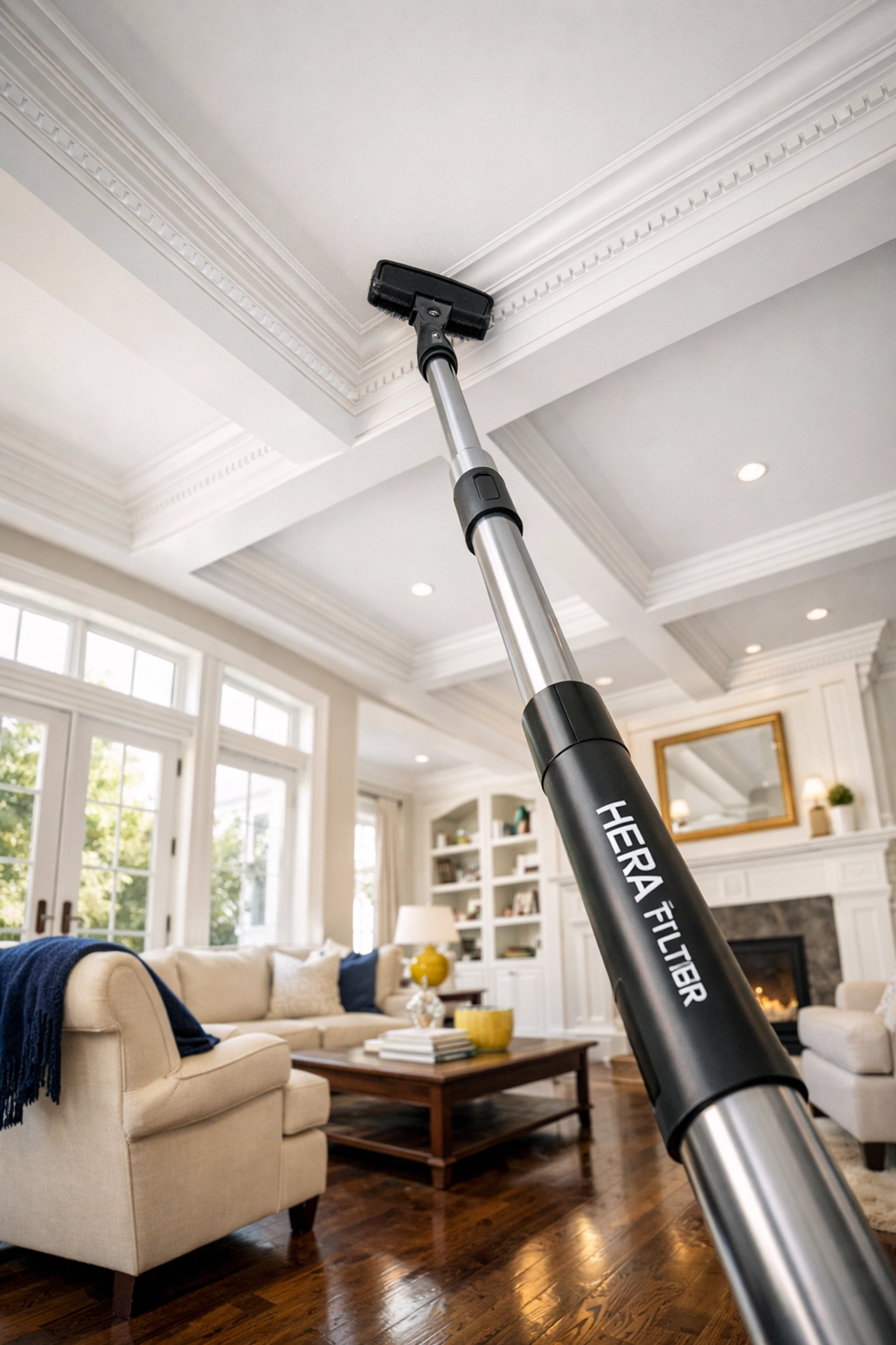 Professional deep cleaning services Newton targeting high ceilings and crown molding with HEPA vacuuming.