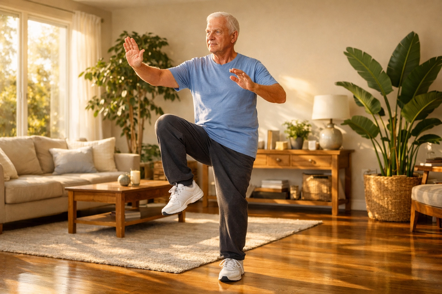 Active senior man practicing Tai Chi balance exercises in a sunlit, clutter-free living room.