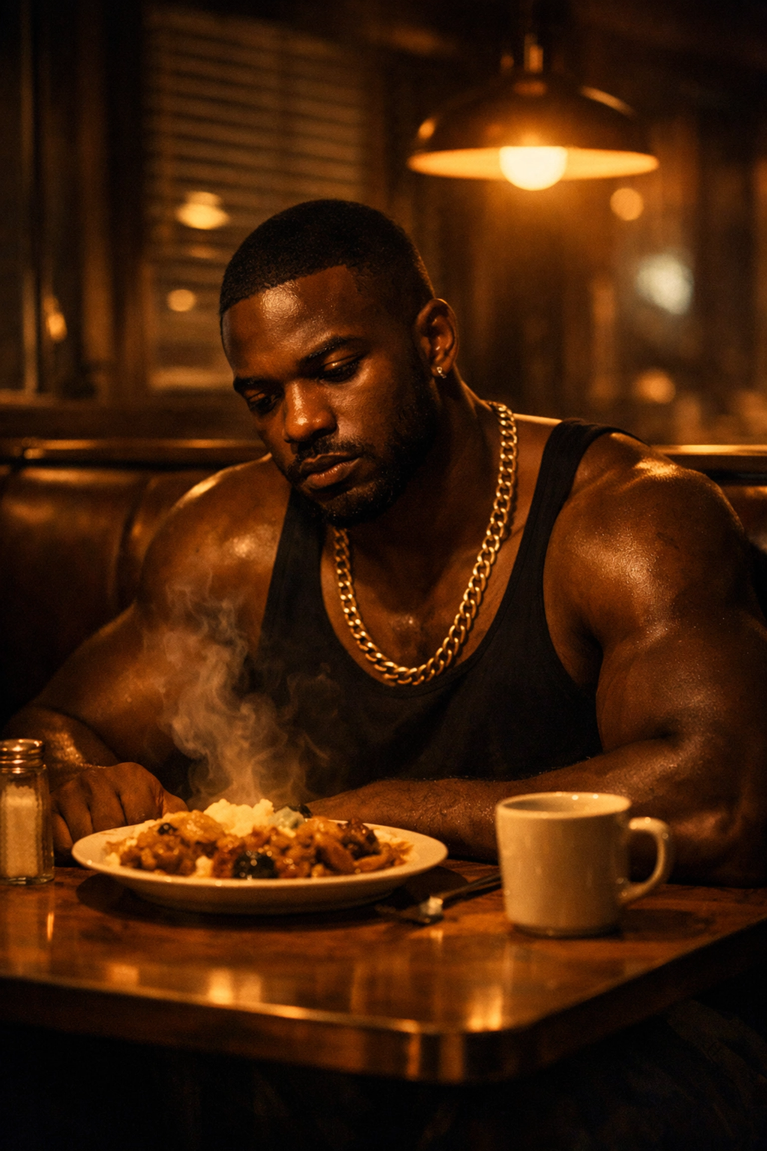 Adult Chiron sits alone at diner during emotional reunion in Moonlight