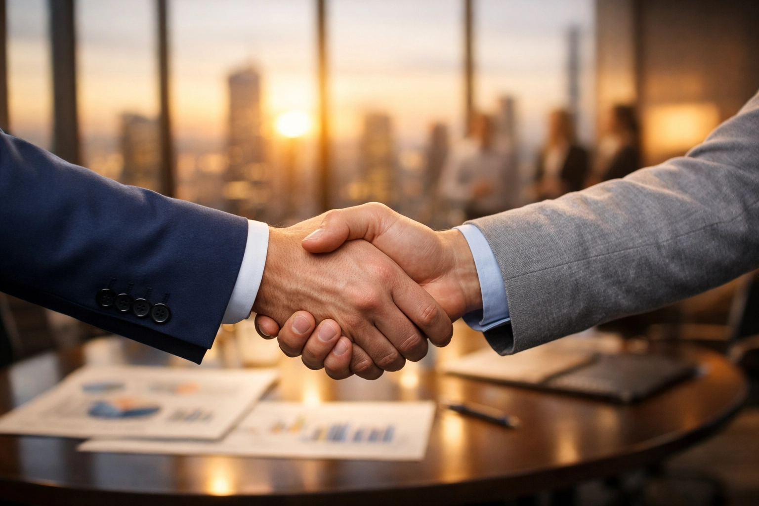 Business professionals shaking hands sealing strategic brand partnership agreement