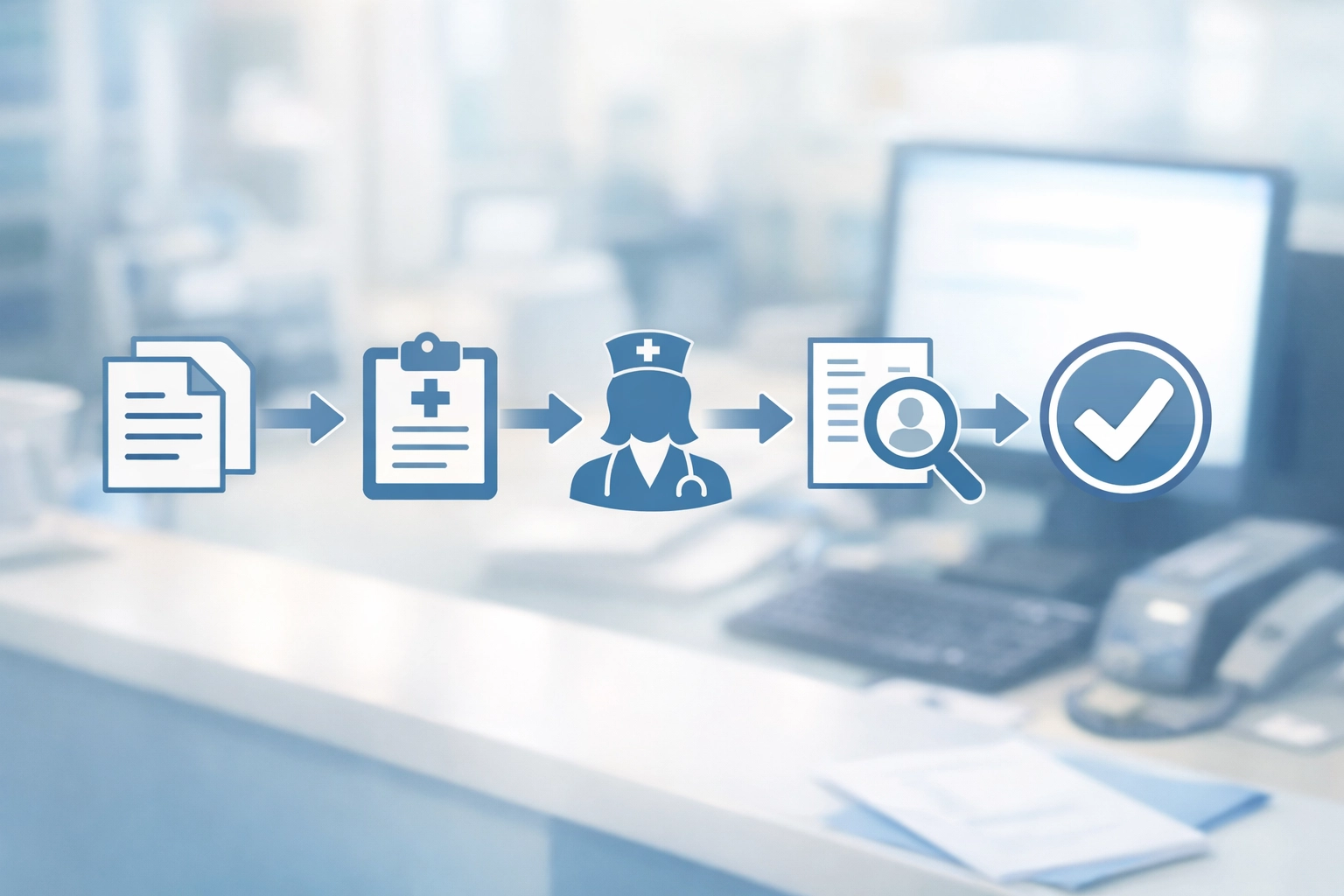 Modern SNF intake desk showing streamlined admission workflow for eligibility verification