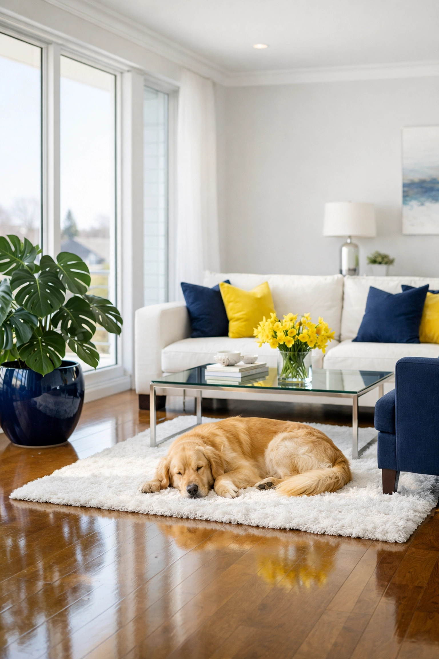 Safe and eco-friendly house cleaning Worcester MA in a bright modern living room with a happy dog.