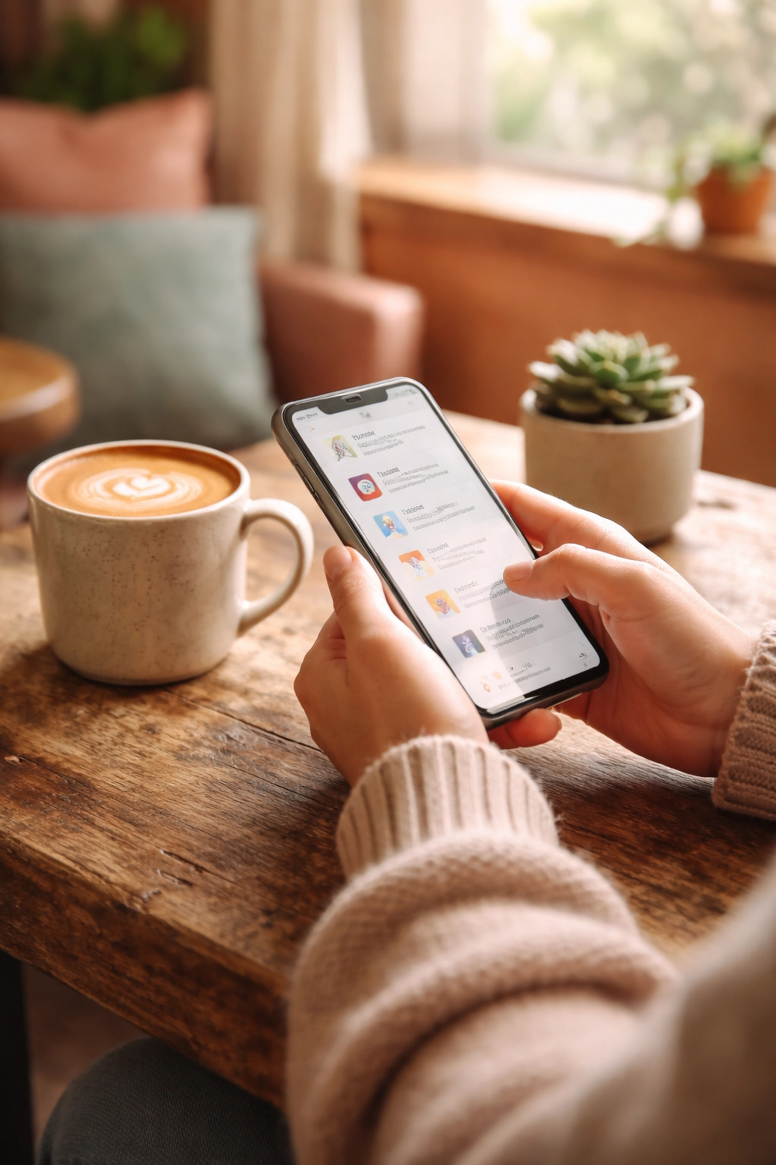 Browsing an inclusive business directory on a smartphone at a cozy café, searching for LGBTQ+ friendly shops.