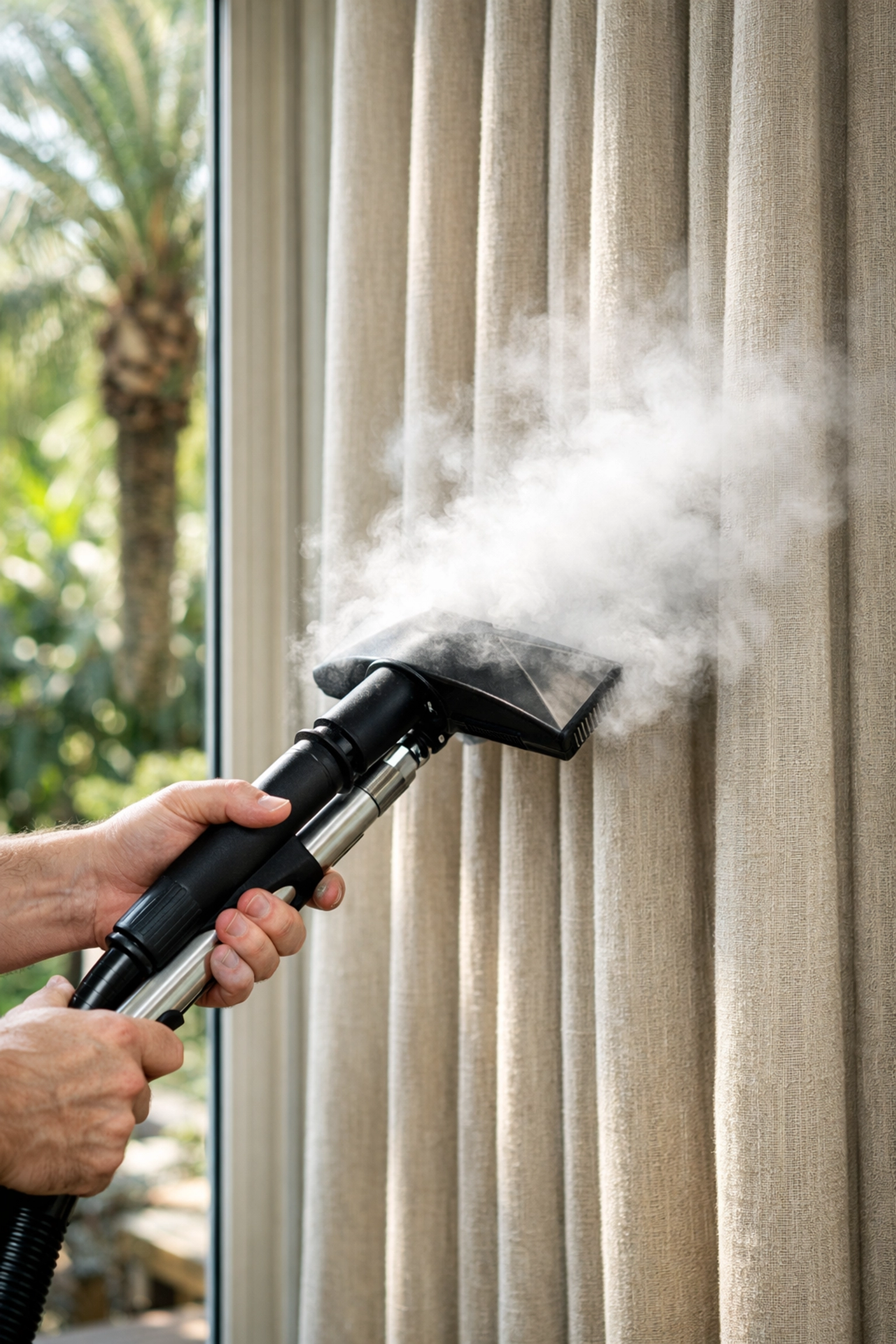 Professional steam cleaning of linen drapes to remove allergens and dust in a Winter Park residence.