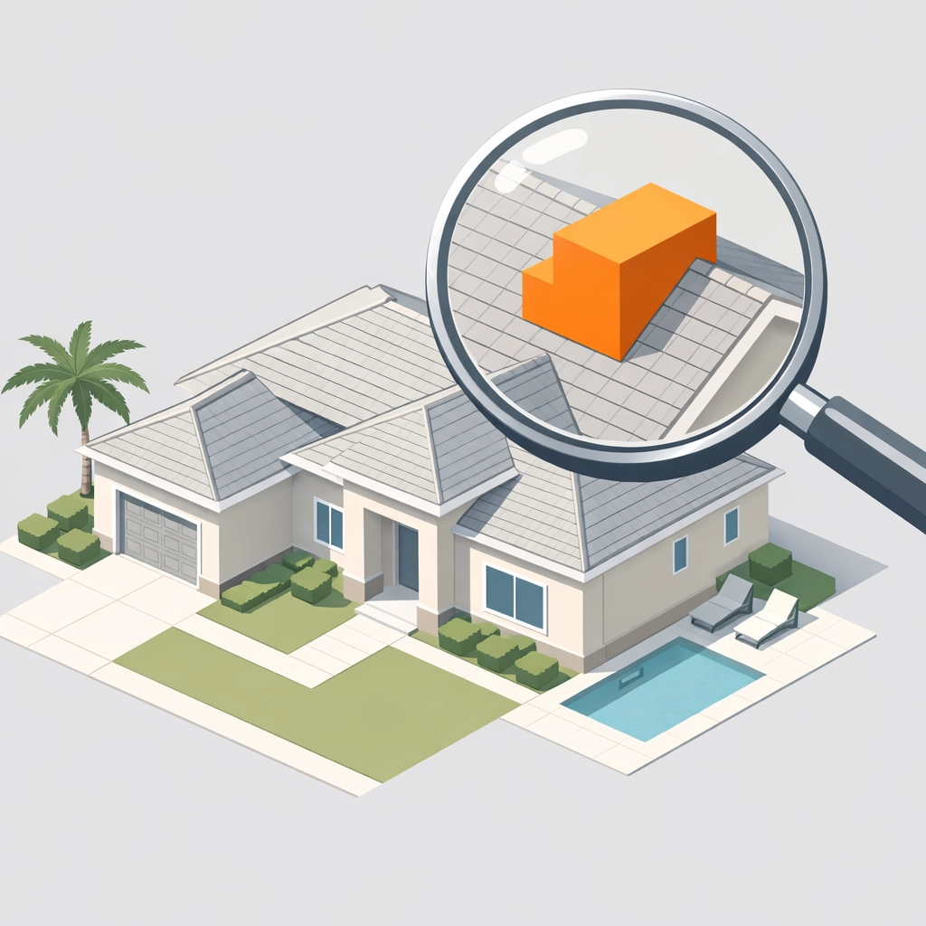 Magnifying glass finding a building code violation on a Florida property during a title search.