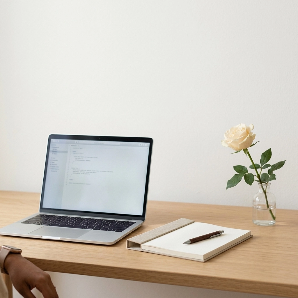 A clean, minimalist workspace with a laptop and a simple flower, showing the peace of a decluttered environment.