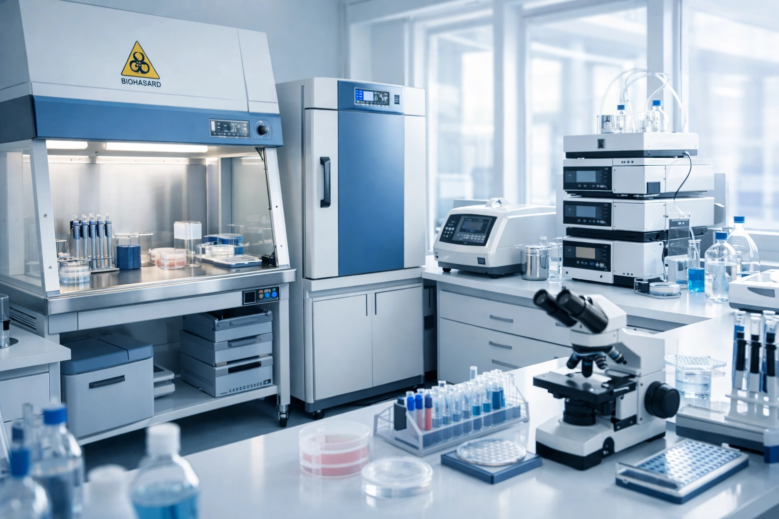 Modern biotech laboratory equipment for antibody discovery showing high infrastructure costs