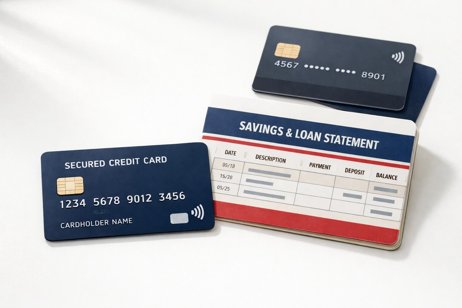 Secured credit card and credit builder loan documents for building credit from scratch