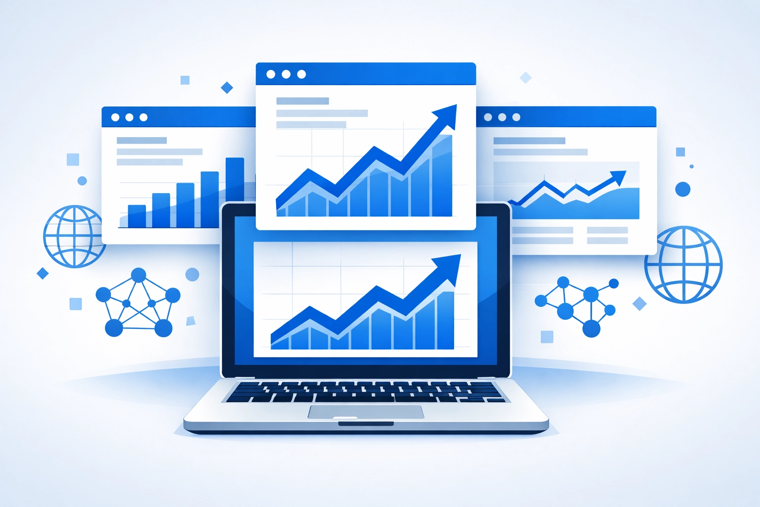 National SEO analytics dashboard displaying website traffic and global audience reach