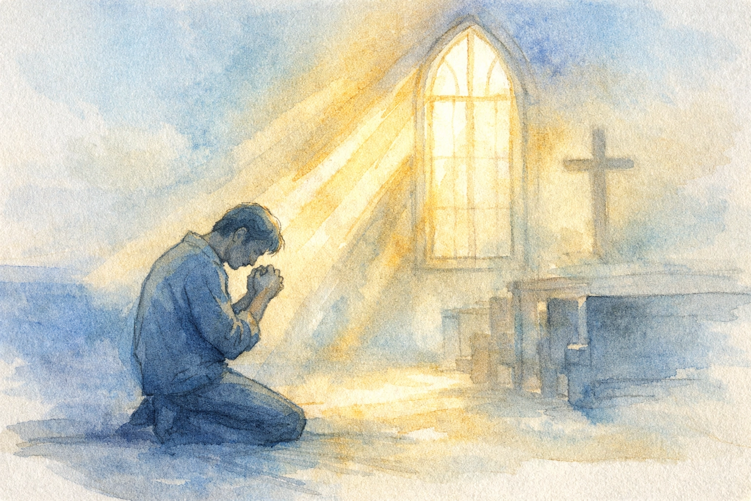 Person kneeling in prayer at church window with morning sunlight streaming in, trusting God with faith