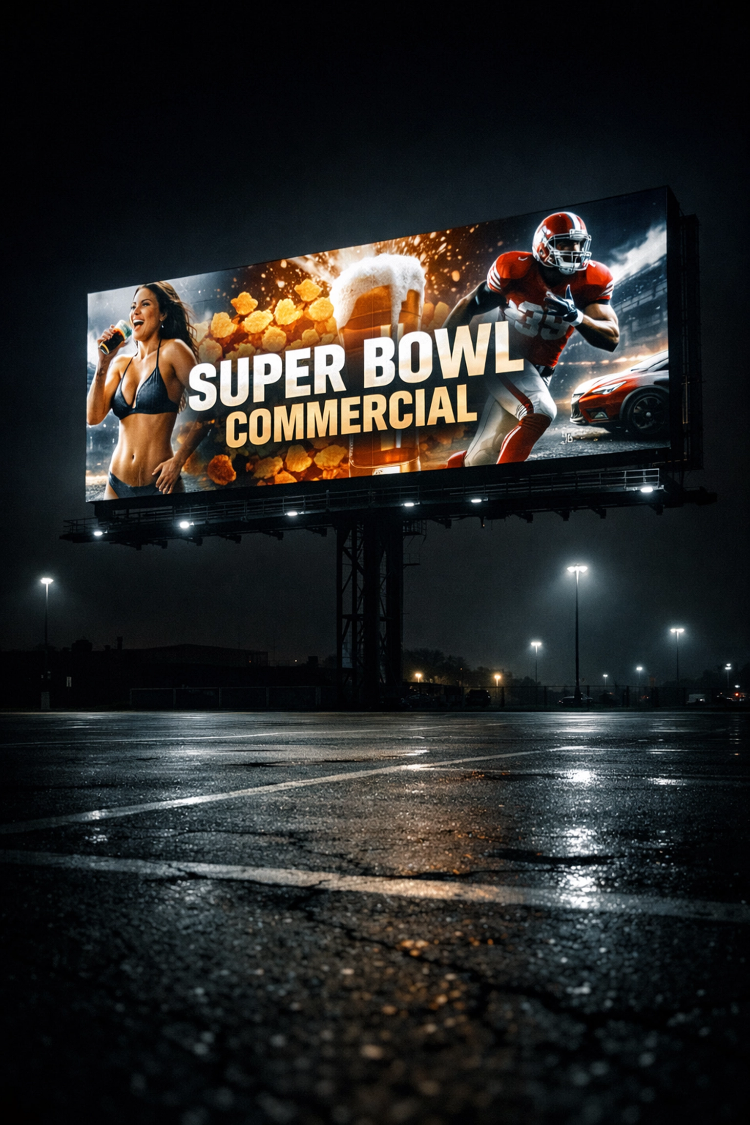 Super Bowl commercial billboard illuminated at night in empty parking lot showing traditional advertising costs