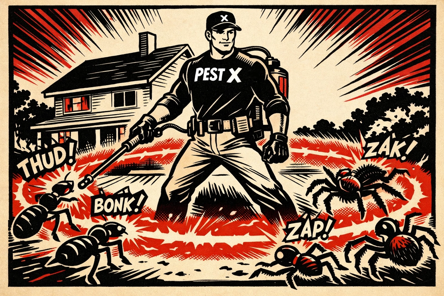 Comic art of a technician creating a protective barrier for the best pest control in Birmingham AL.