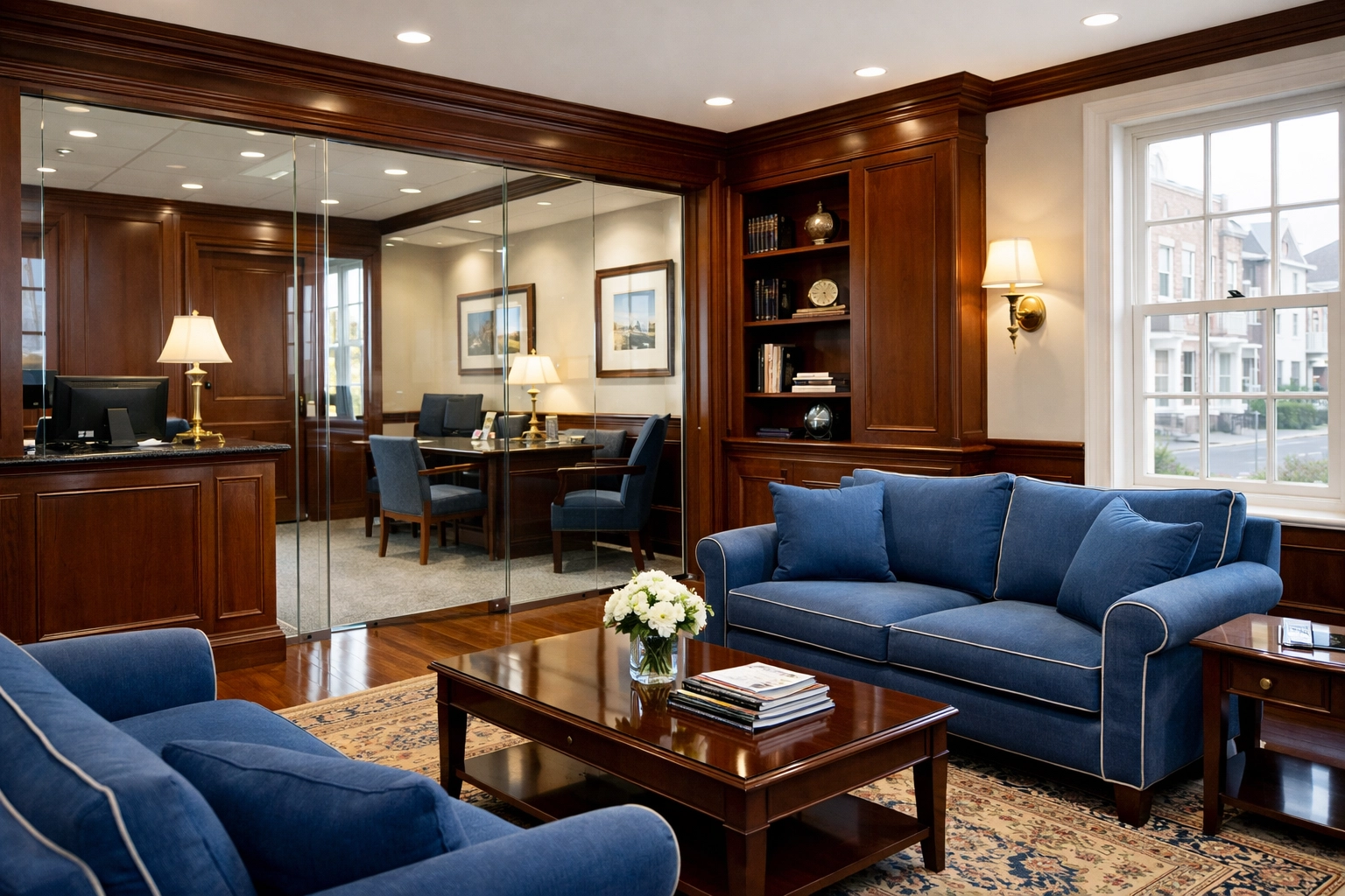 Reliable office cleaning in Sandwich MA featuring a dust-free lobby and glass partition.