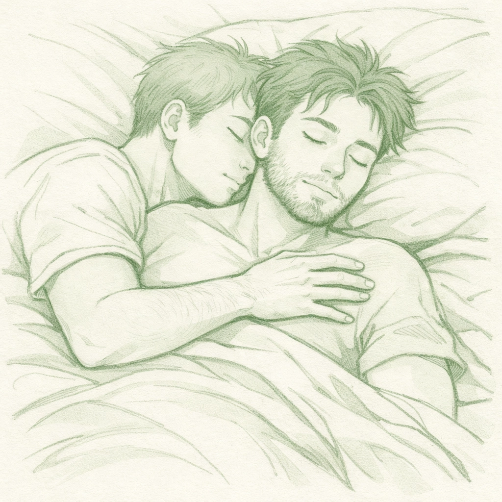 Two men embracing in sleep - MM romance depicting intimate comfort and emotional connection