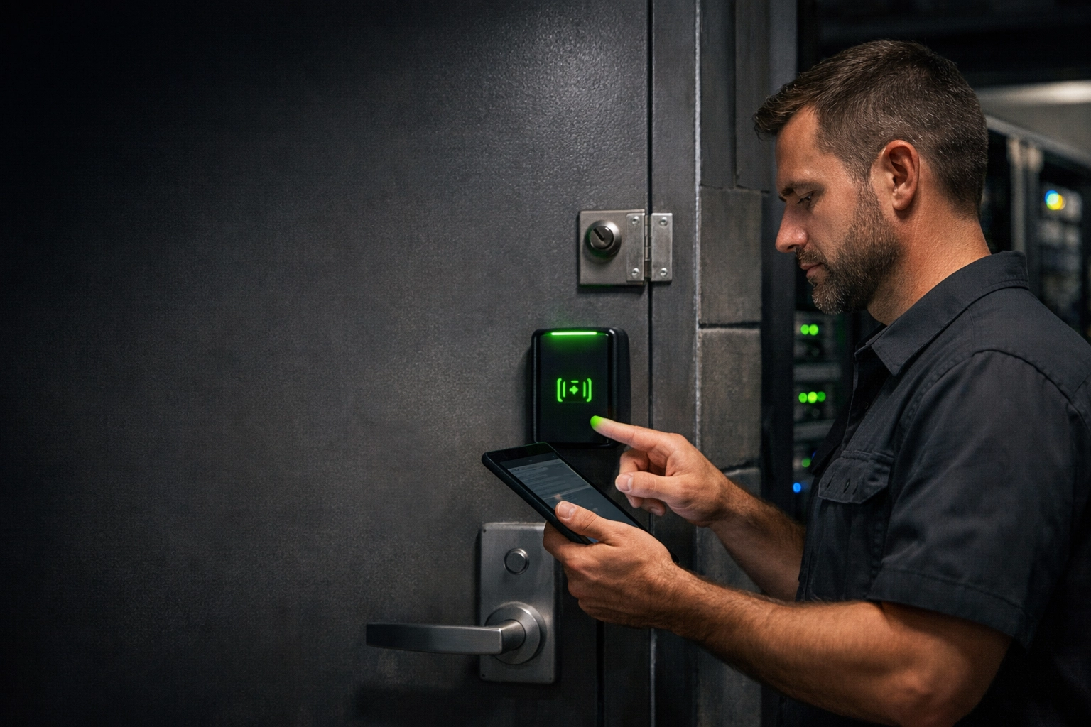 IT professional configuring a secure badge reader and access control system in a Kansas City facility.