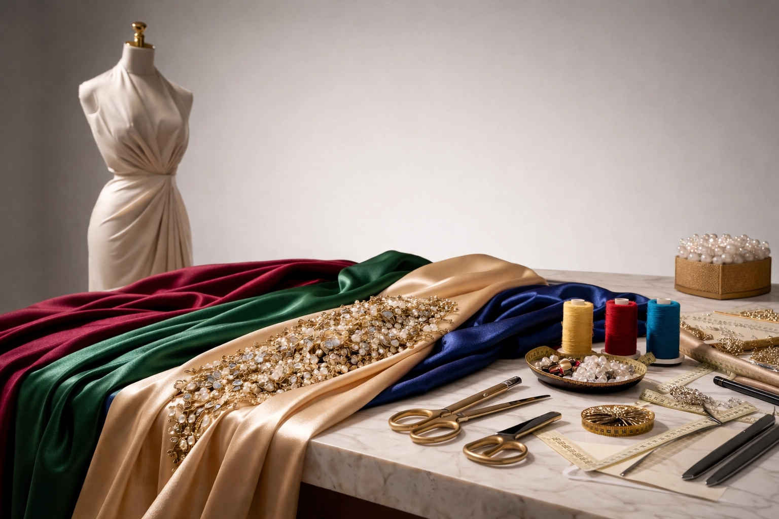 Latin designer atelier workspace with luxury fabric swatches and mood board representing business-driven fashion innovation