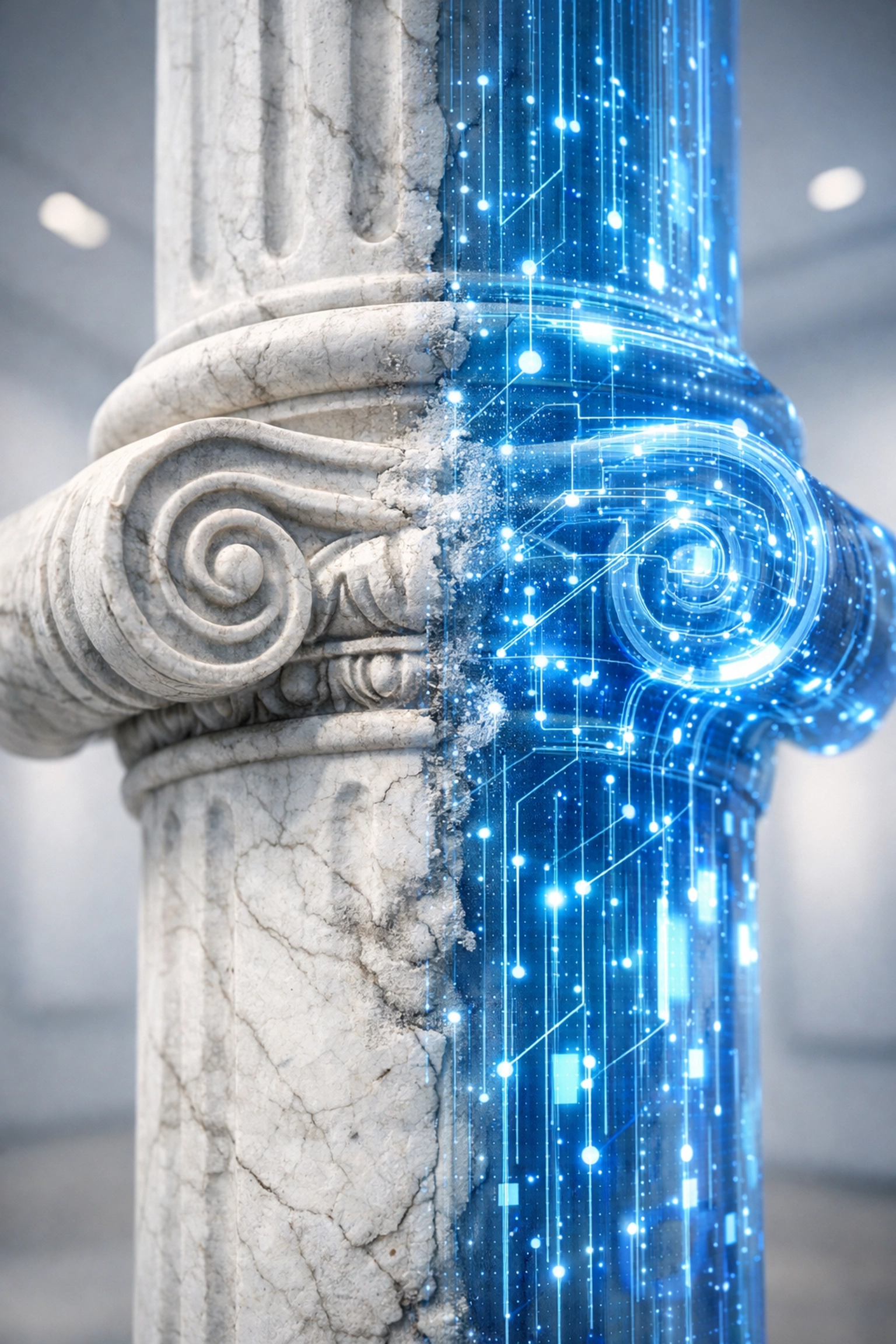 Marble pillar merging with a digital hologram symbolizing the integration of traditional and digital assets.