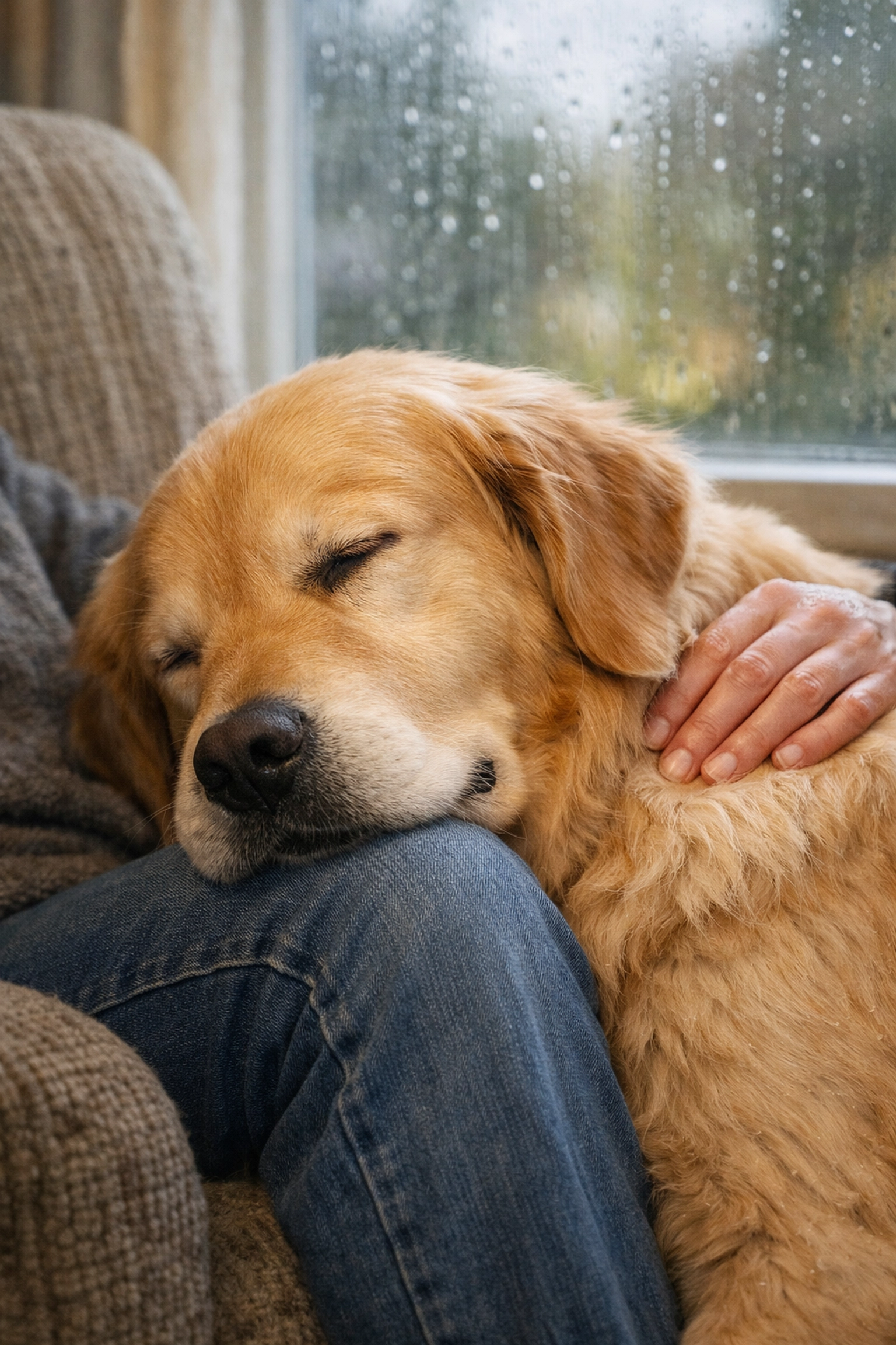 Therapy dog Golden Retrievers providing emotional support through deep pressure comfort.