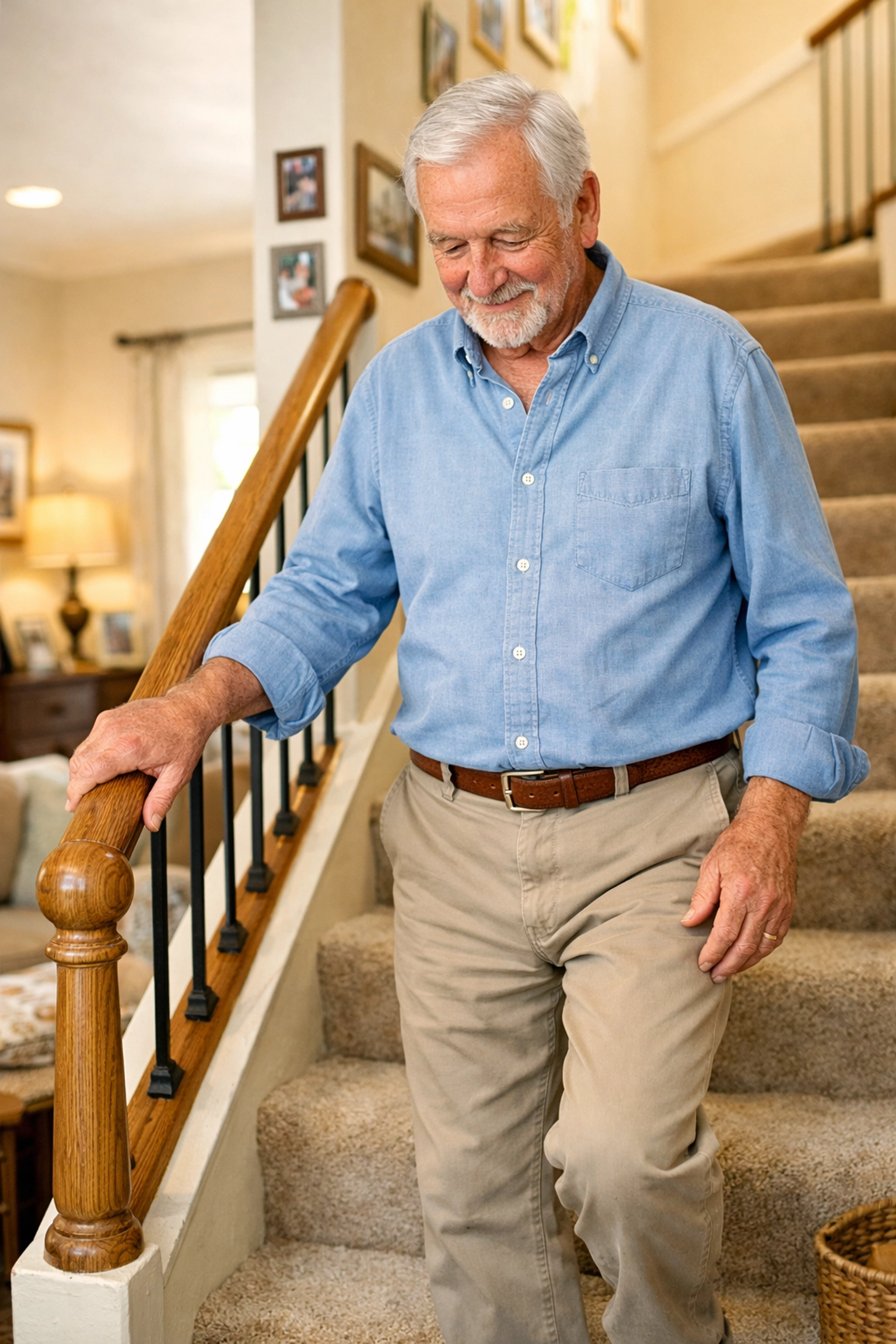 Senior man safely using a sturdy handrail to descend stairs in a well-lit home for fall prevention.