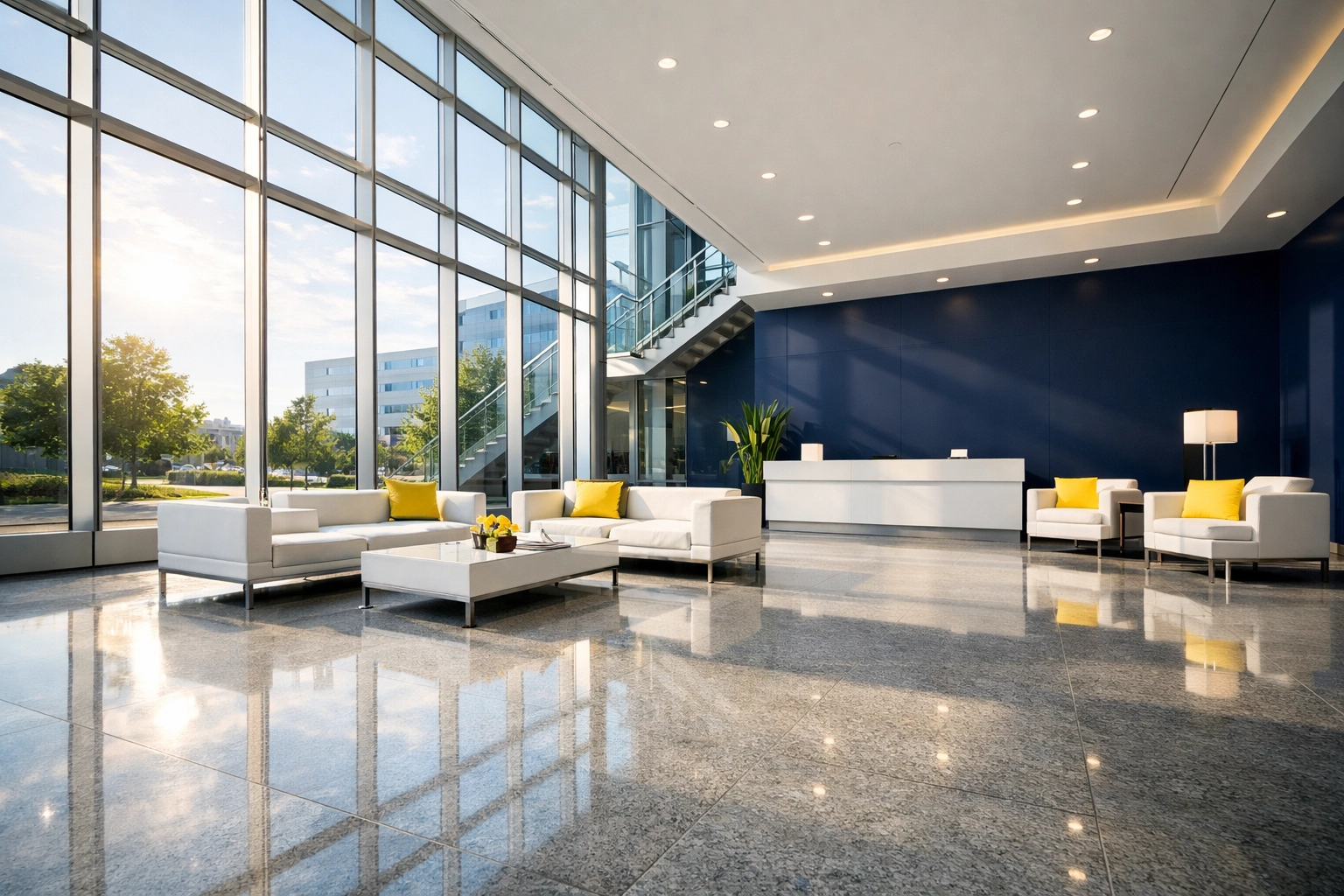 Spotless corporate lobby in Westborough showing the results of stress-free commercial cleaning.