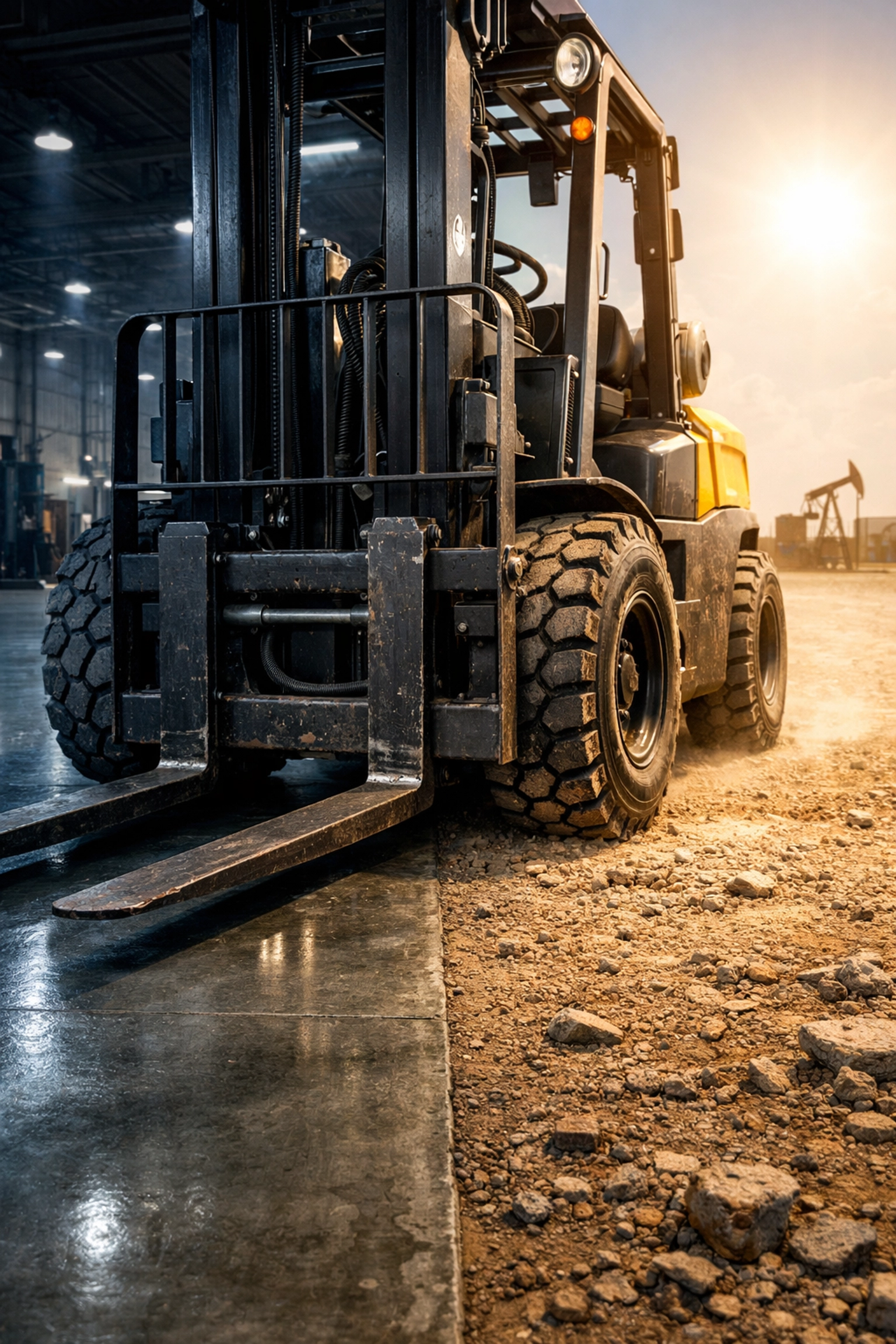 A heavy-duty industrial forklift with pneumatic tires transitions between a Texas warehouse and an outdoor yard.