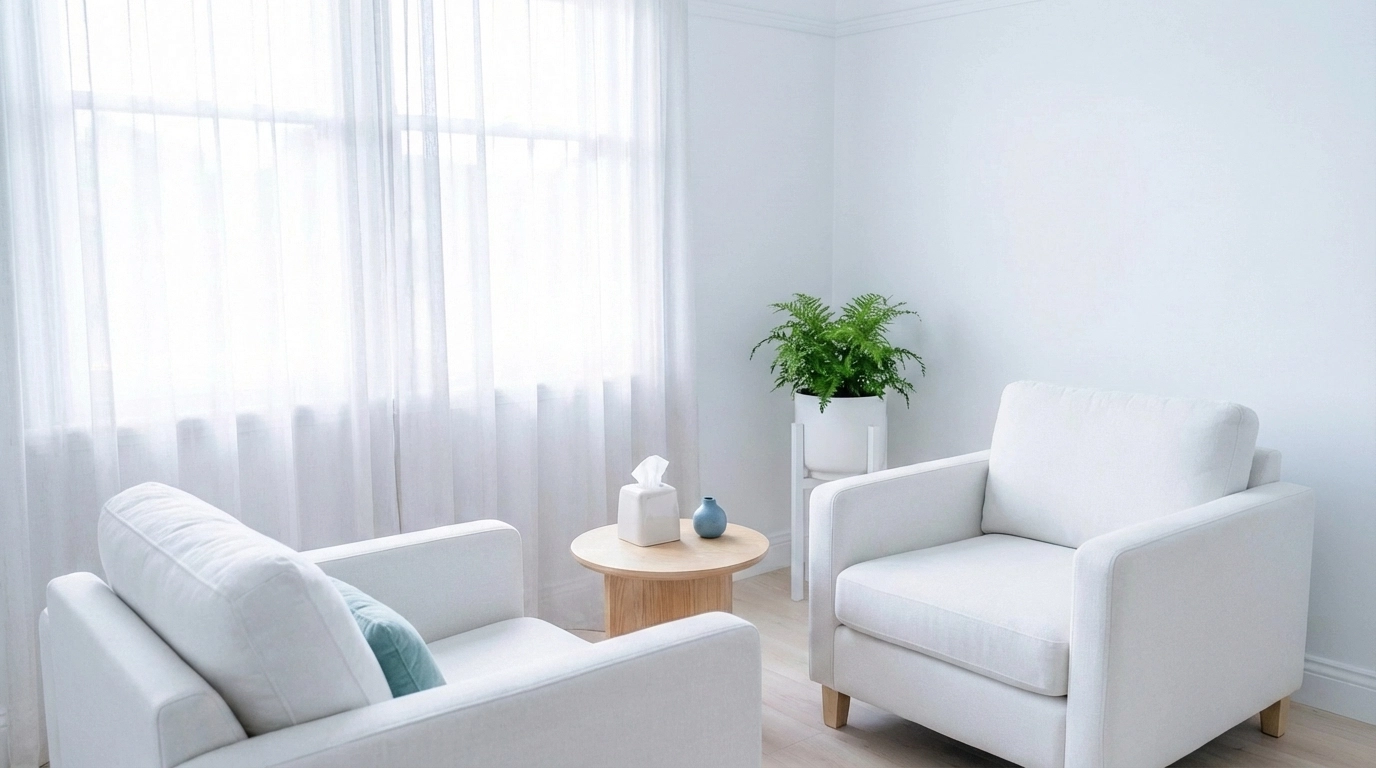 Peaceful EMDR therapy room with comfortable chairs and natural light, ideal for trauma healing sessions.