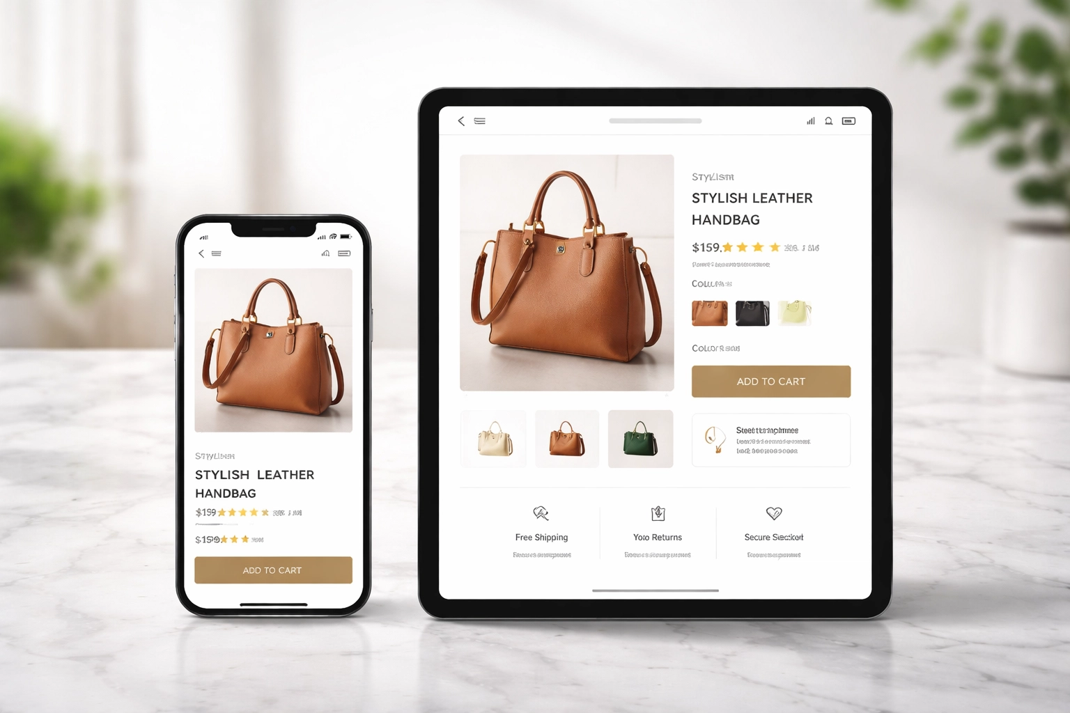 Tablet and smartphone displaying identical Shopify product pages, demonstrating consistent mobile SEO