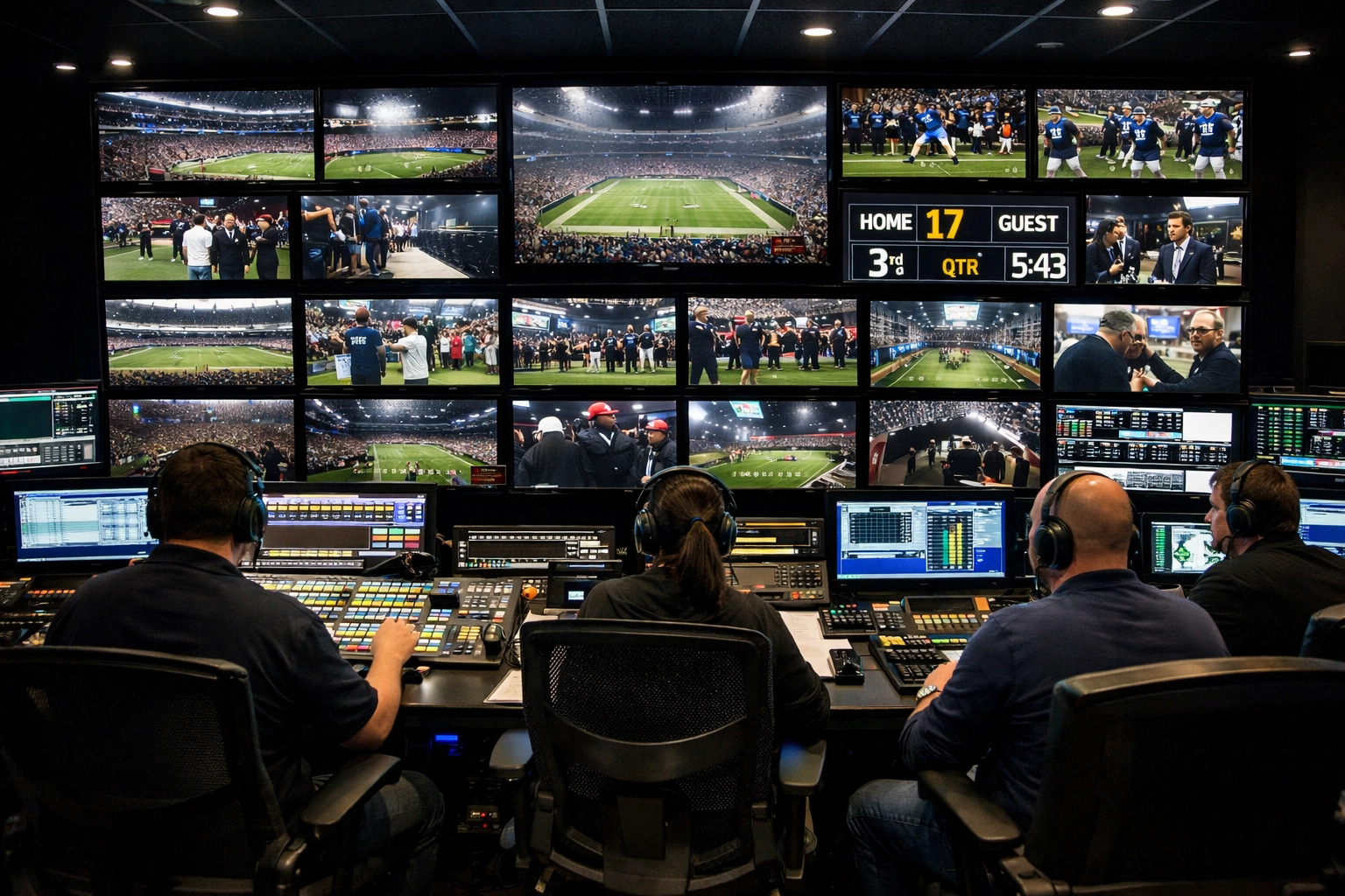 Professional sports broadcast control center managing integrated media solutions for live stadium events.