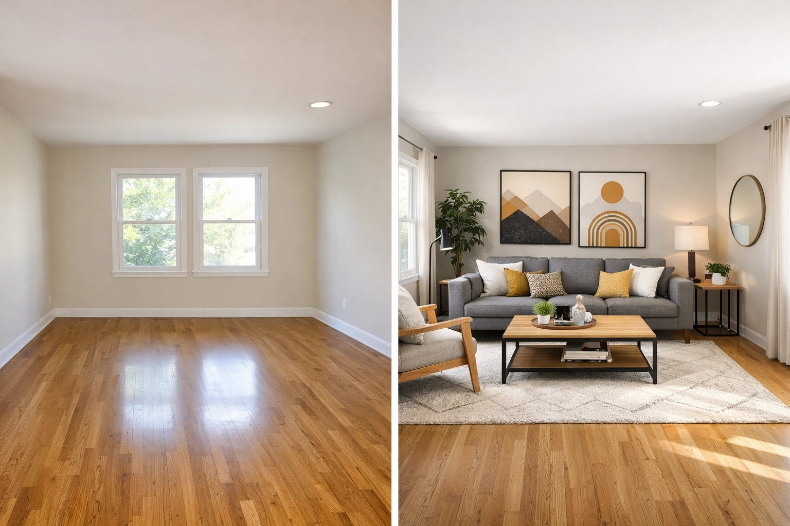 Before and after virtual staging real estate comparison showing empty room transformed with furniture