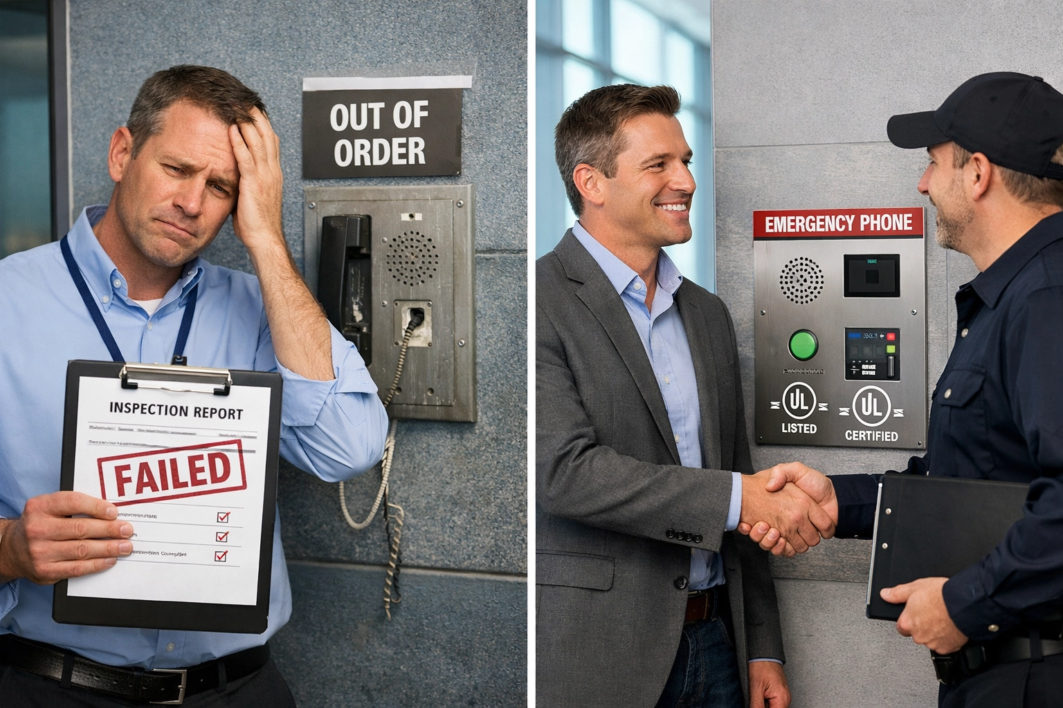 Building inspector reviewing elevator phone line replacement compliance with property manager after certification