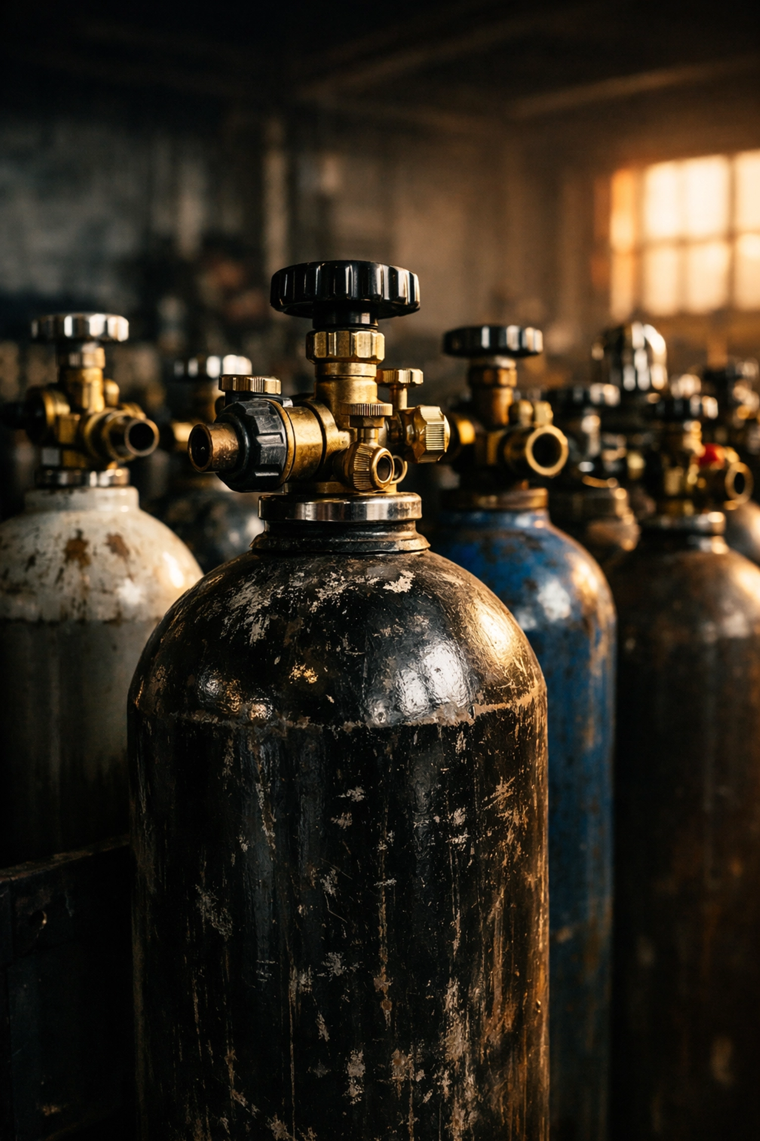 Rows of various industrial gas cylinders in a clean Fort Wayne welding supply warehouse.