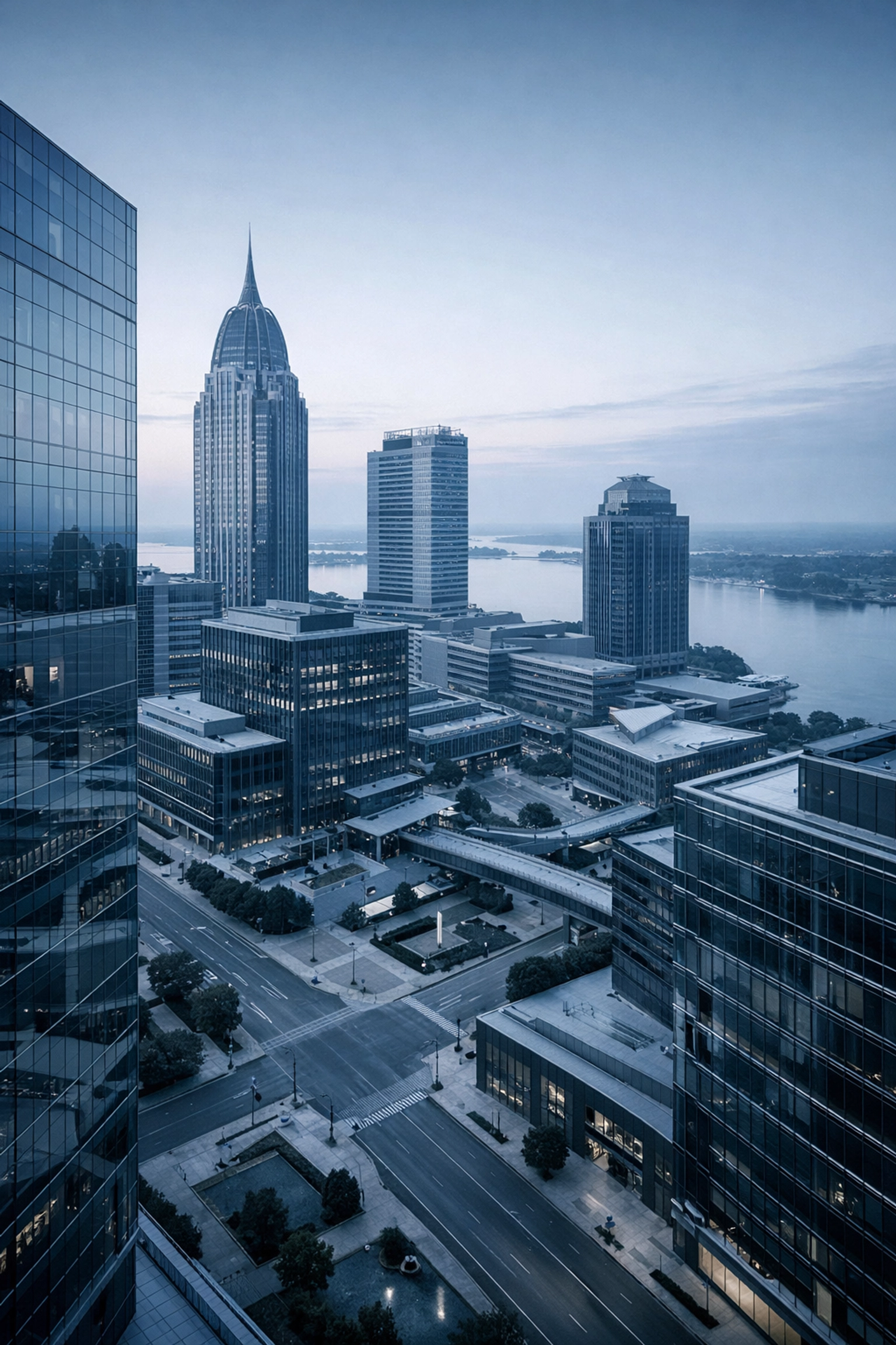 A modern Alabama business district at dawn, illustrating regional market opportunities for service business owners.