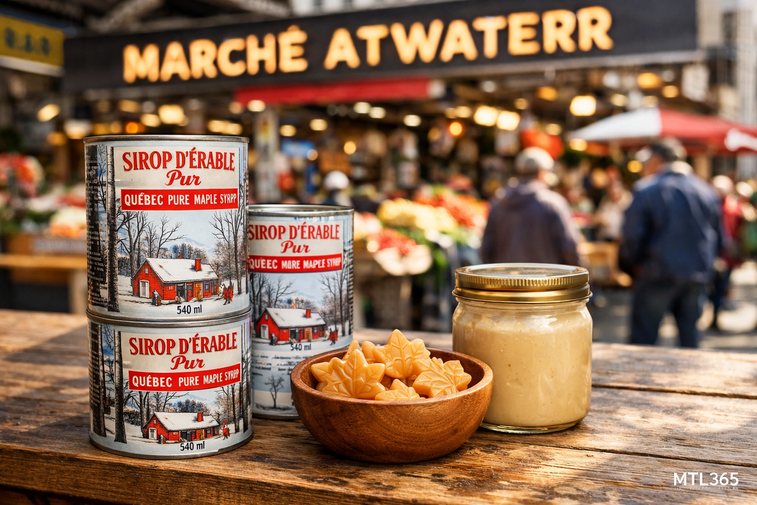 Classic Quebec maple syrup cans and maple products at a Montreal local market.