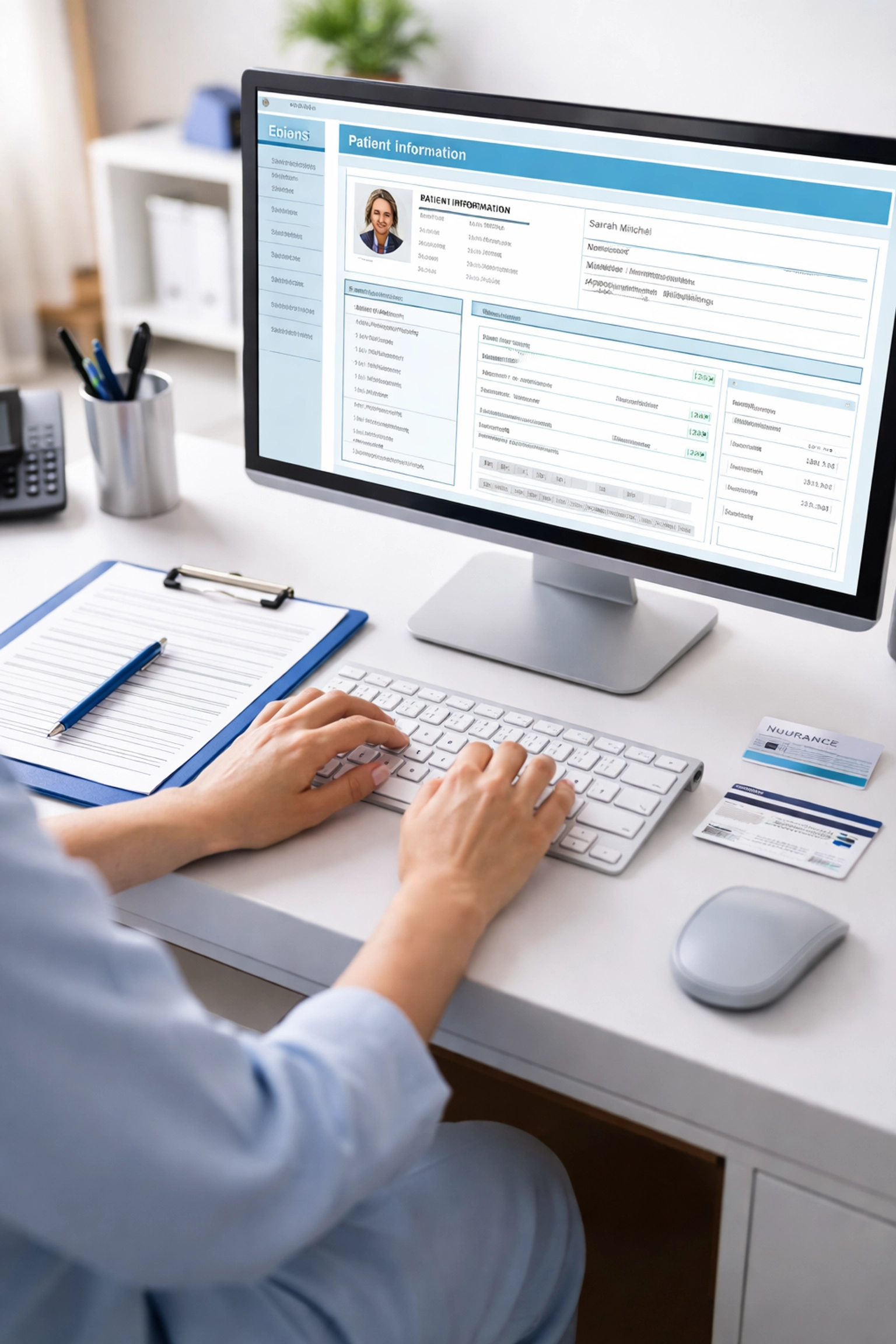 Medical front desk staff entering patient insurance details, demonstrating attention to billing accuracy