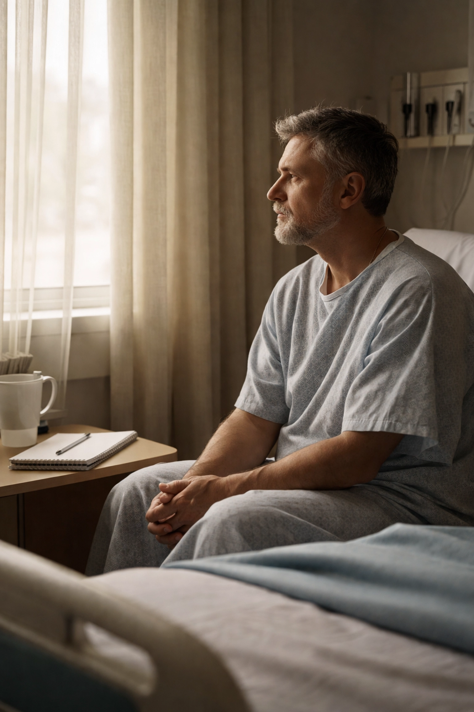 Man reflecting on family legacy and preserving stories during hospital recovery