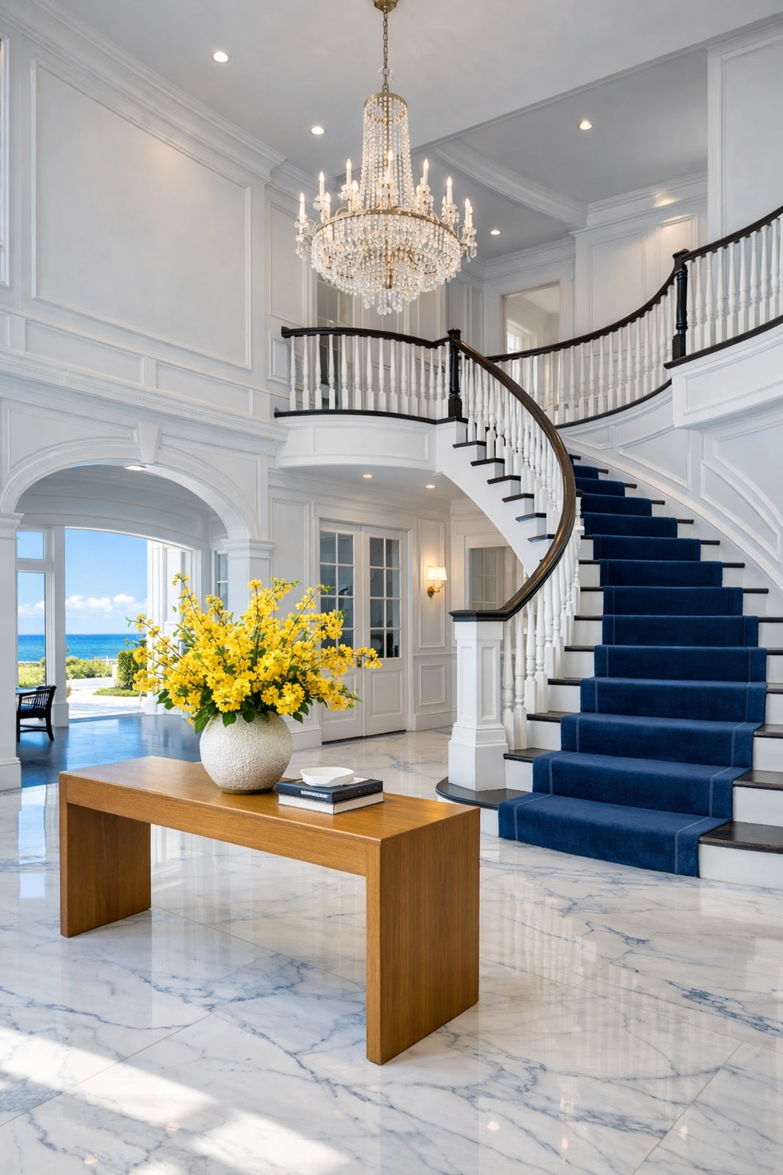 Pristine marble foyer in a Hingham estate showcasing professional stone floor cleaning and high-level dusting.