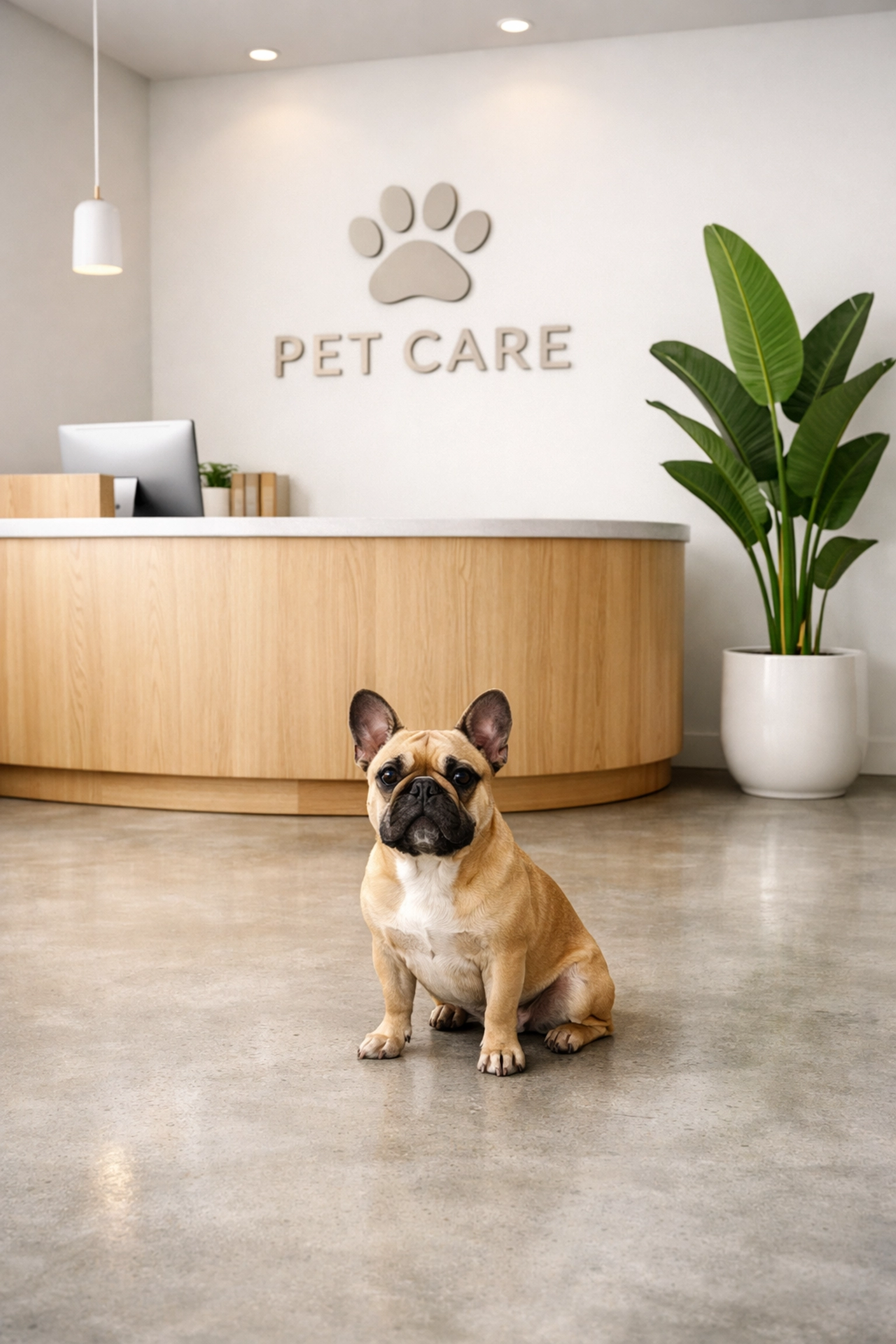 Modern pet care clinic reception area with a French Bulldog, showcasing high-quality local provider networks.